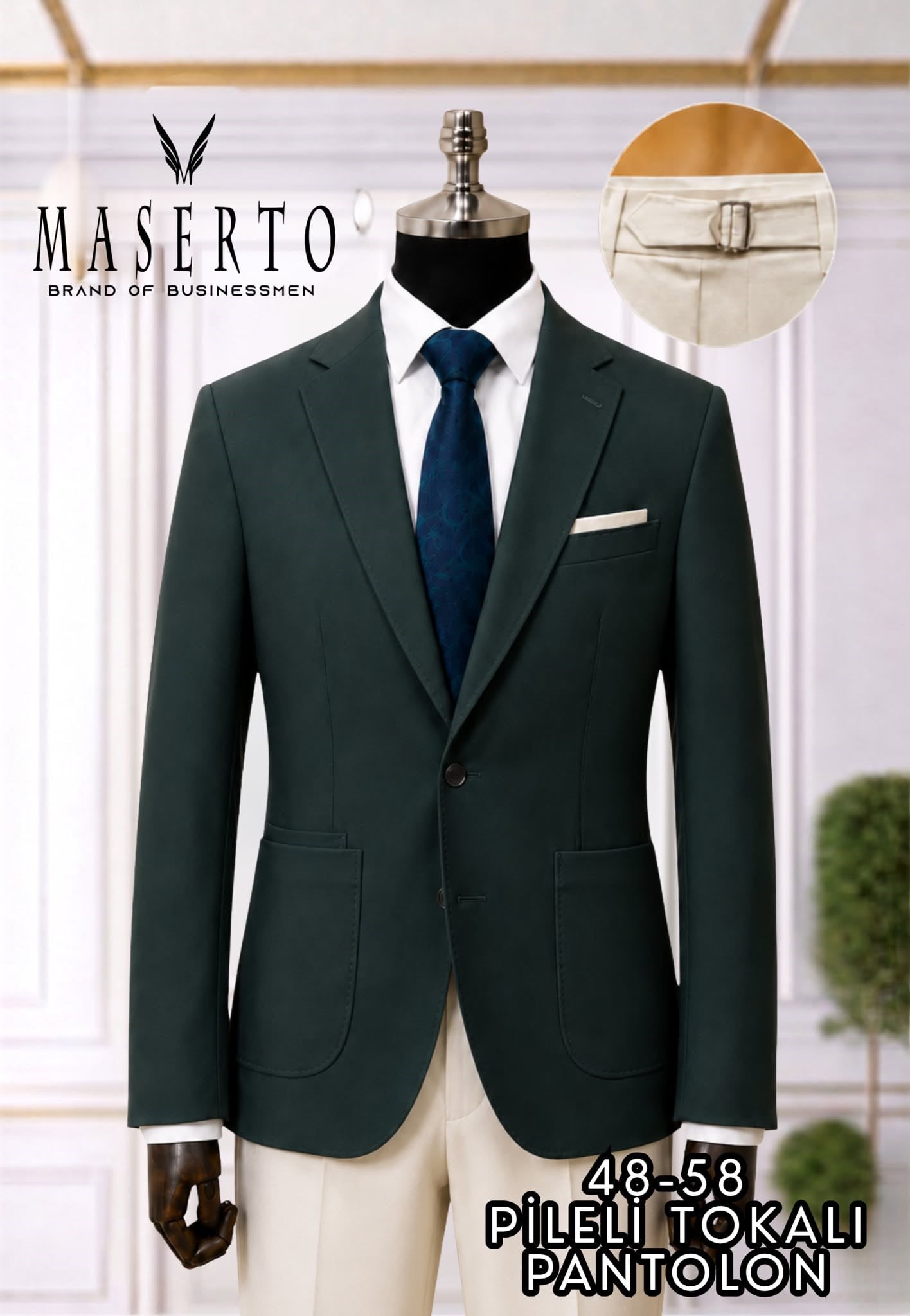 Maserto Erkek Koyu Yeşil Slim Fit Blazer Ceket Krem Pileli Tokalı Pantolon Kombin