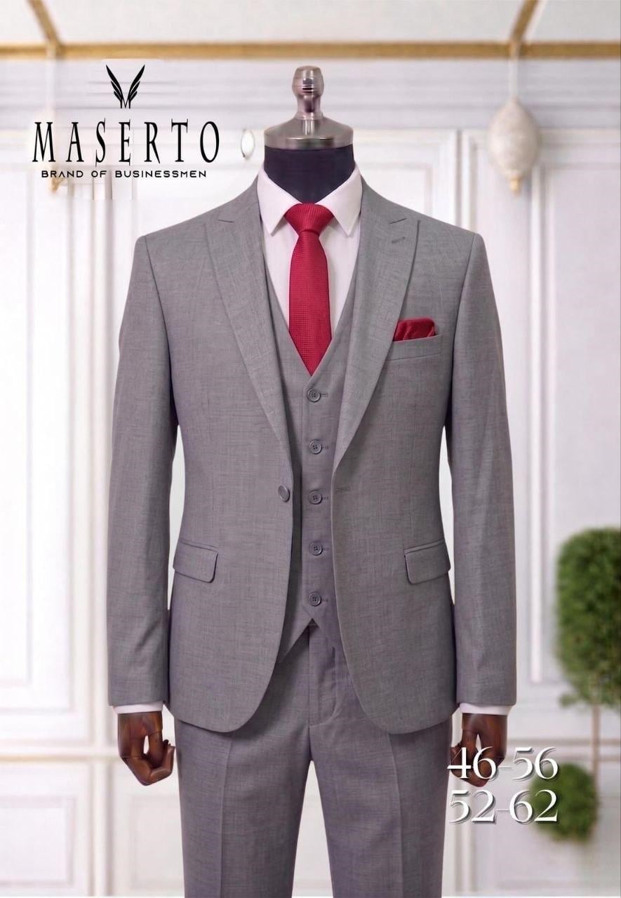 MASERTO Gri Erkek Slim Fit Yelekli Takım Elbise