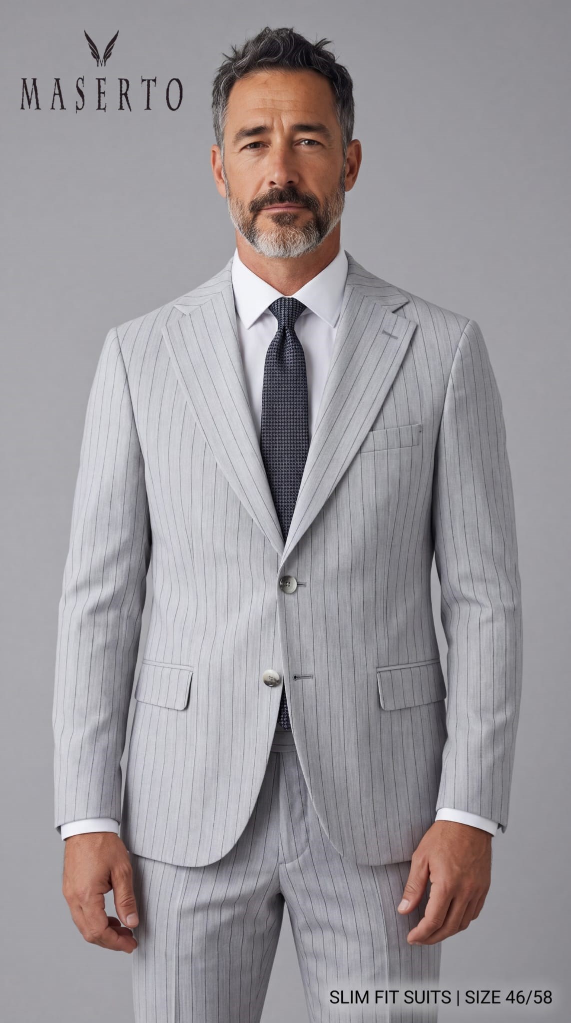 Maserto Erkek Açık Gri Çizgili Slim Fit Takım Elbise