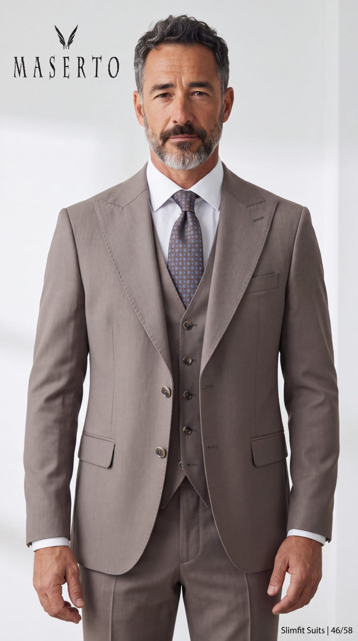 Maserto Erkek Vizon Slim Fit Yelekli 3 Parça Takım Elbise