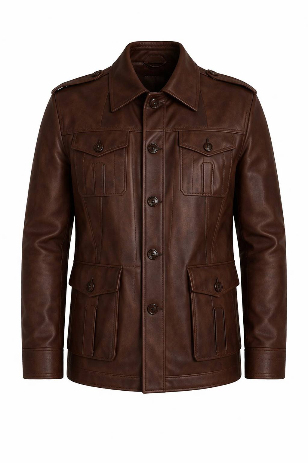 Erkek Kahverengi Hakiki Deri Düğmeli Çok Cepli Mont
