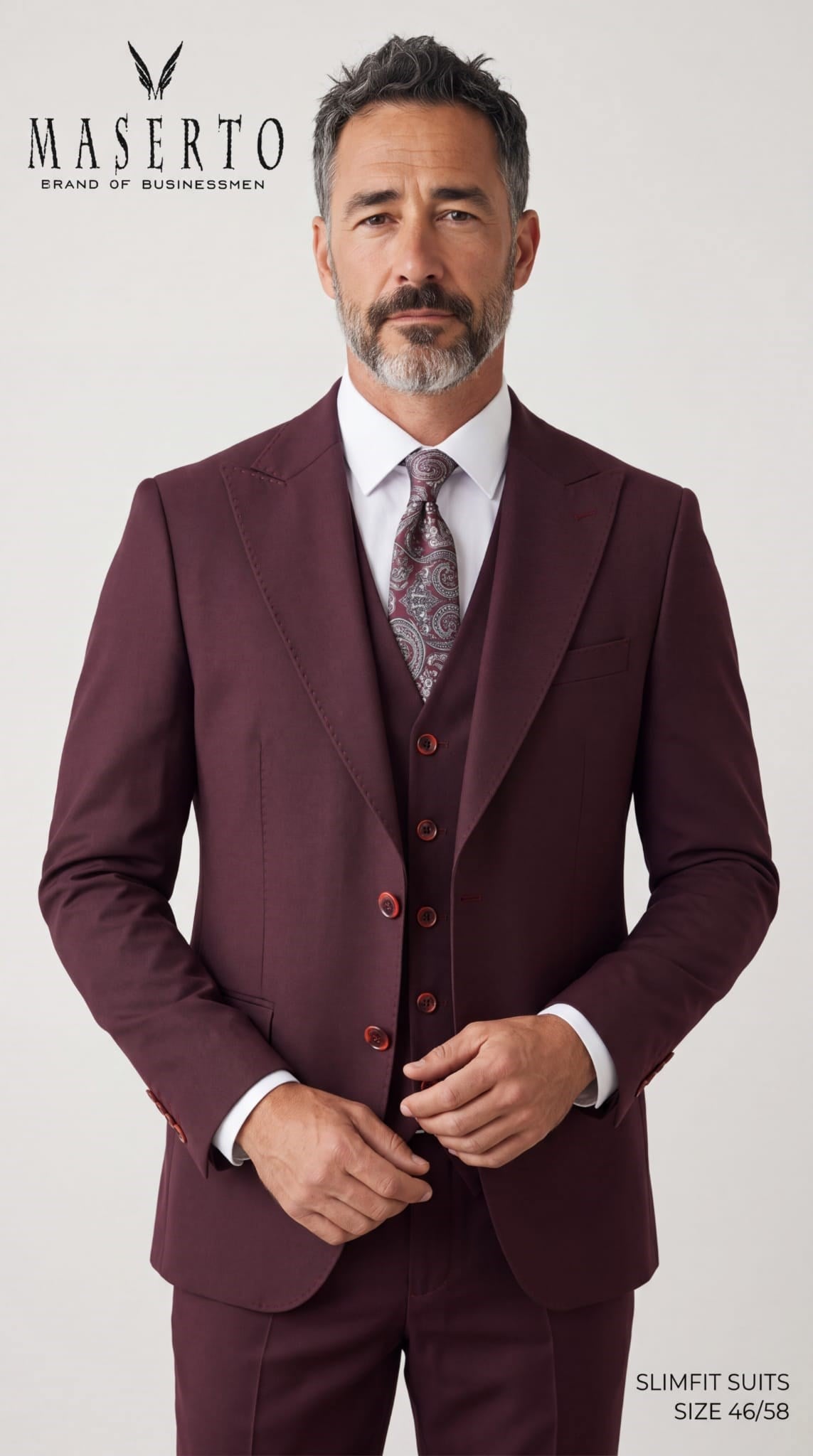 Maserto Erkek Bordo Slim Fit Yelekli 3 Parça Takım Elbise