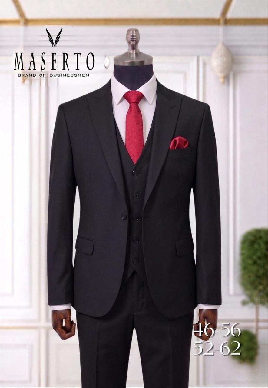 MASERTO Siyah Erkek Slim Fit Yelekli Takım Elbise