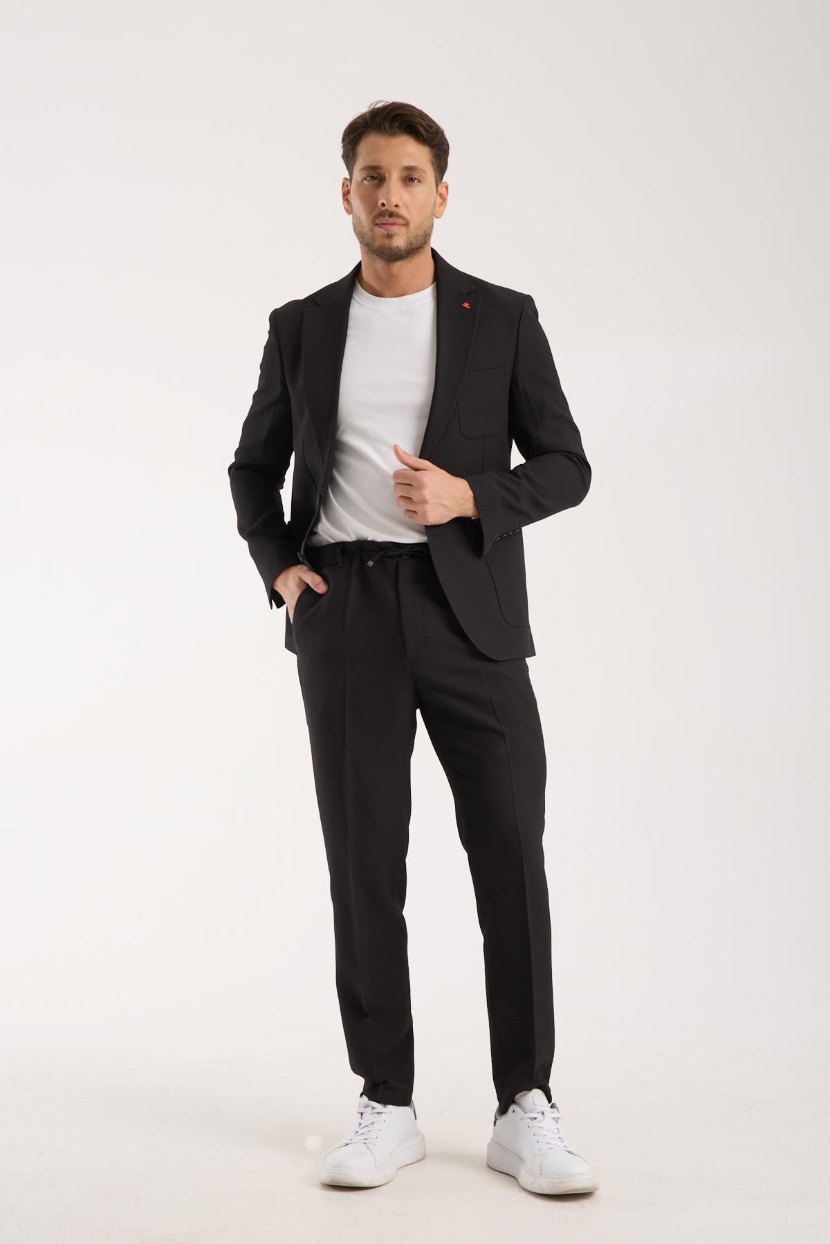 Erkek Siyah Slim Fit Gofre Kumaş Bağcıklı Pantolon Takım Elbise