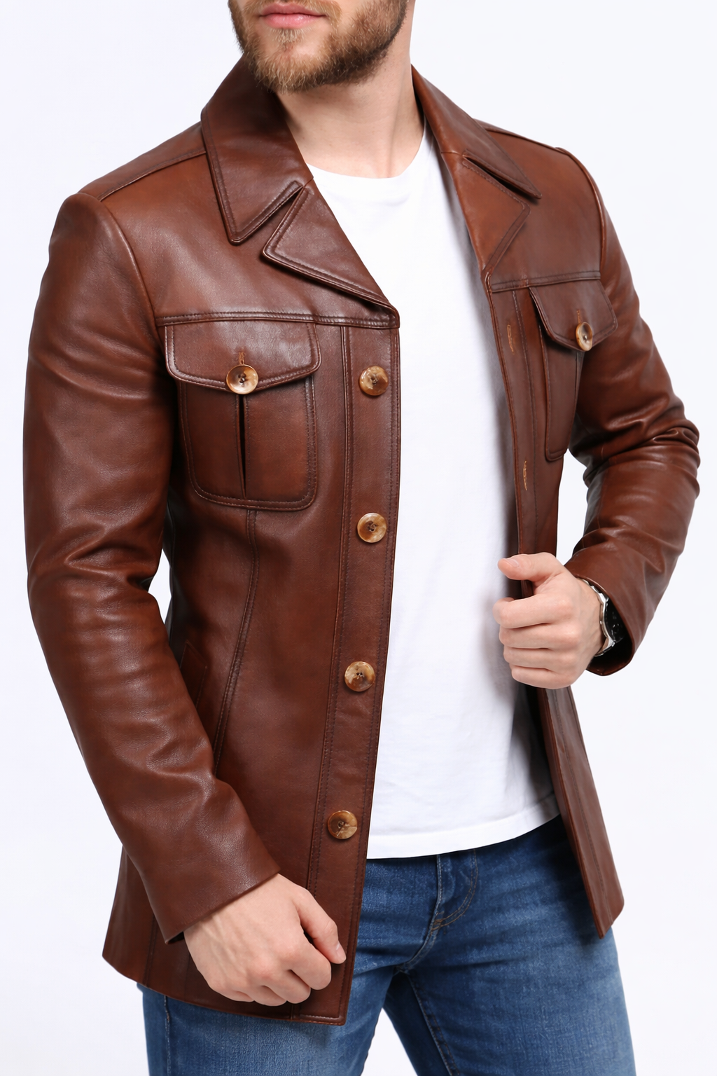 Hakiki Kuzu Derisi Kahverengi Erkek Şişme Deri Mont