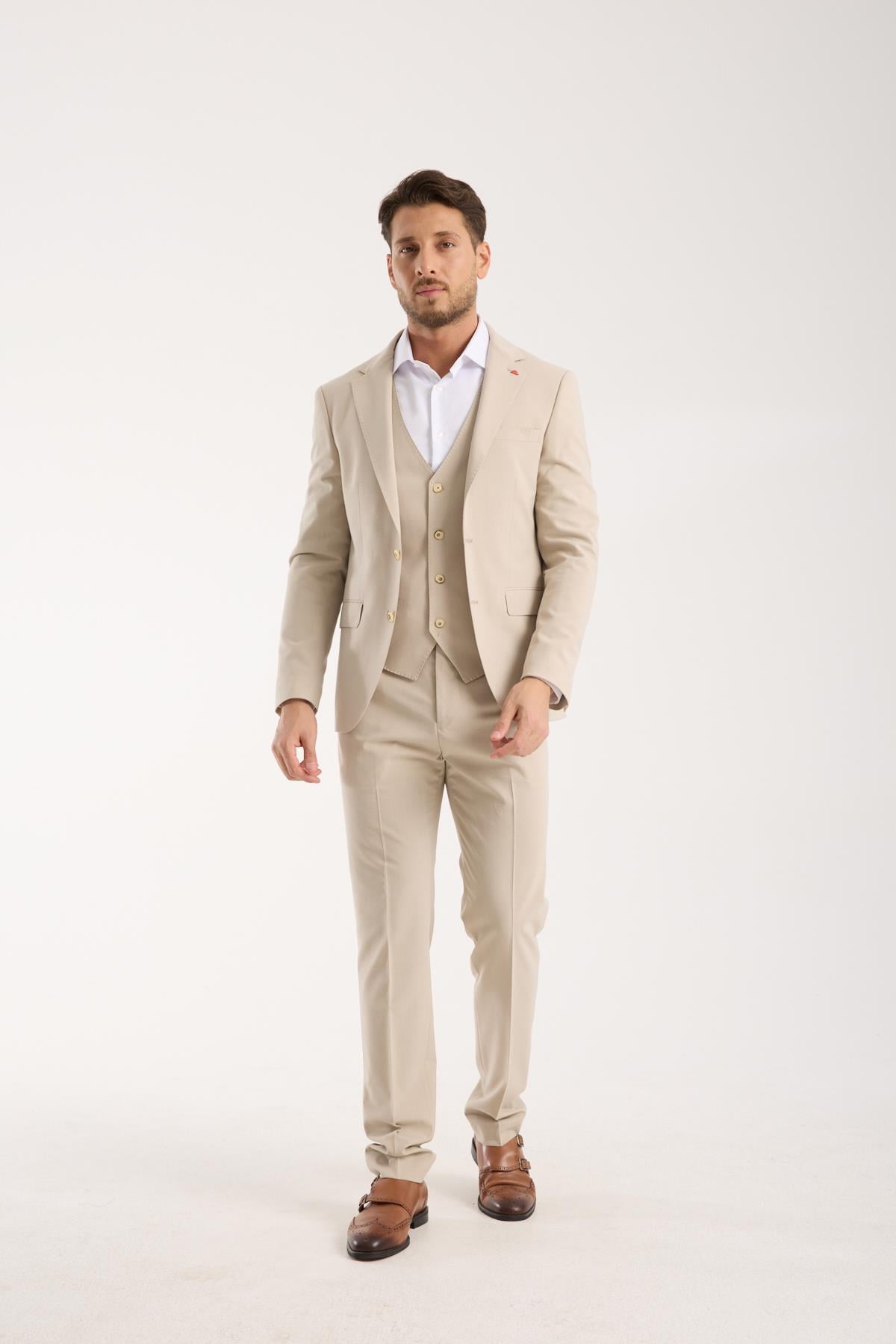 Erkek Bej Yelekli Klasik Slim Fit Takım Elbise