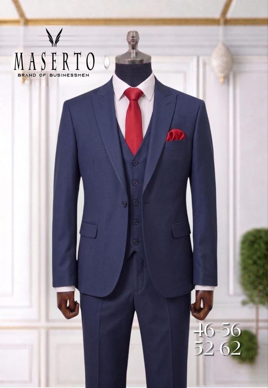Maserto Lacivert Slim Fit Yelekli Erkek Takım Elbise