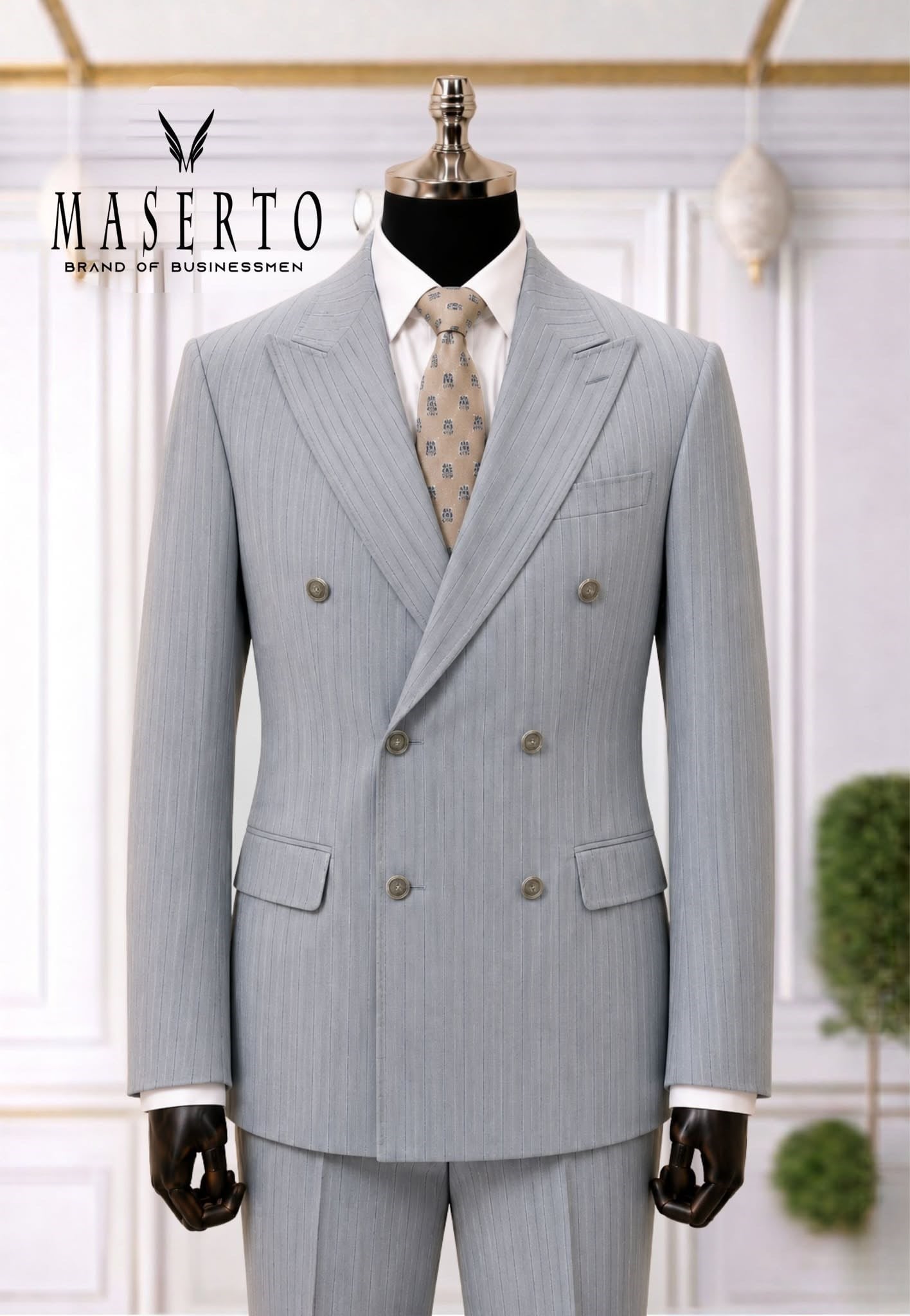 Maserto Buz Mavisi İnce Çizgili Kruvaze Slim Fit Erkek Takım Elbise