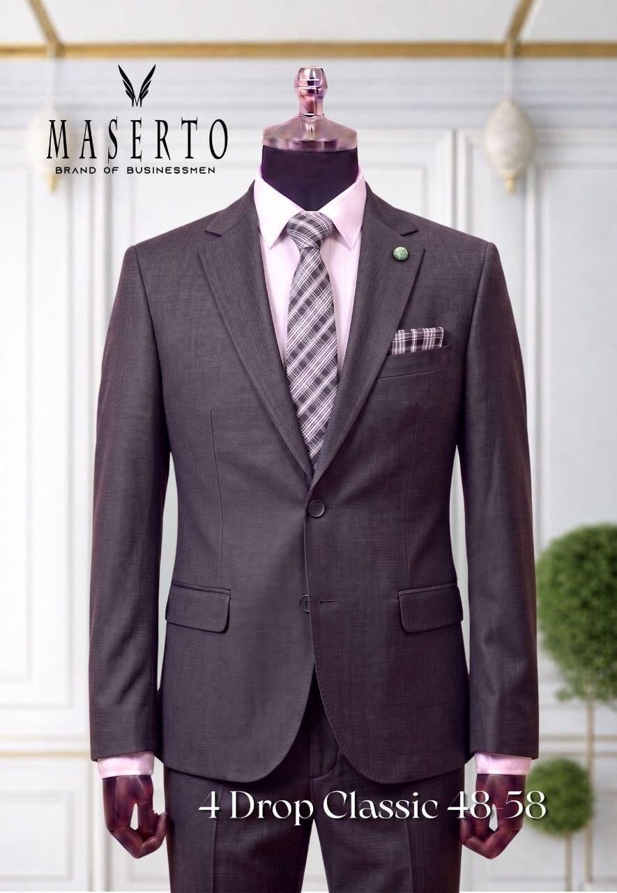 Maserto Erkek Füme Gri Klasik Takım Elbise 4 Drop Slim Fit  