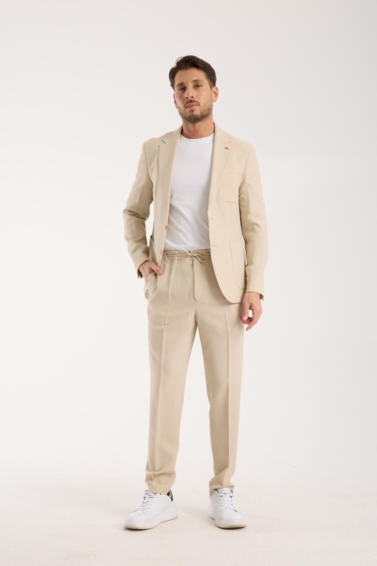 Erkek Bej Slim Fit Gofre Kumaş Bağcıklı Pantolon Takım Elbise