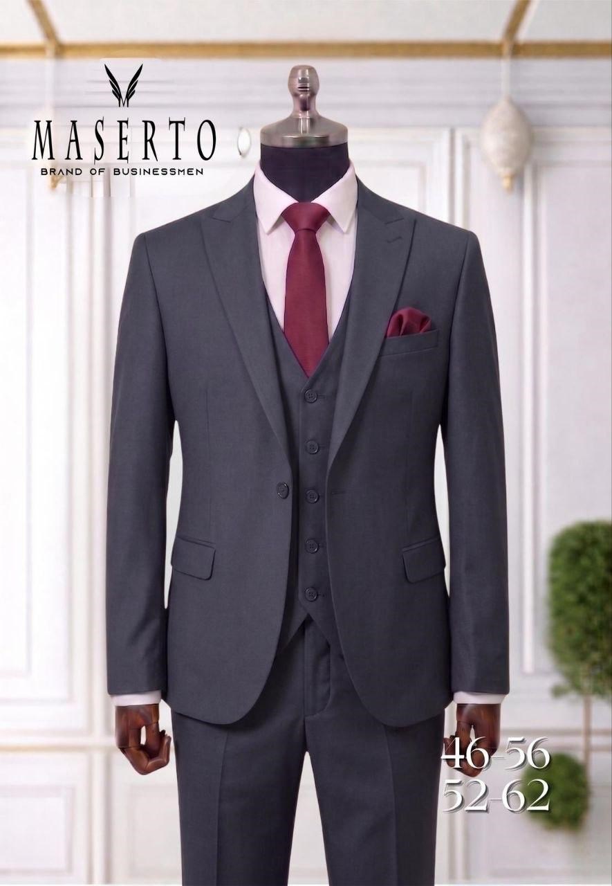 MASERTO Antrasit Gri Slim Fit Yelekli Erkek Takım Elbise