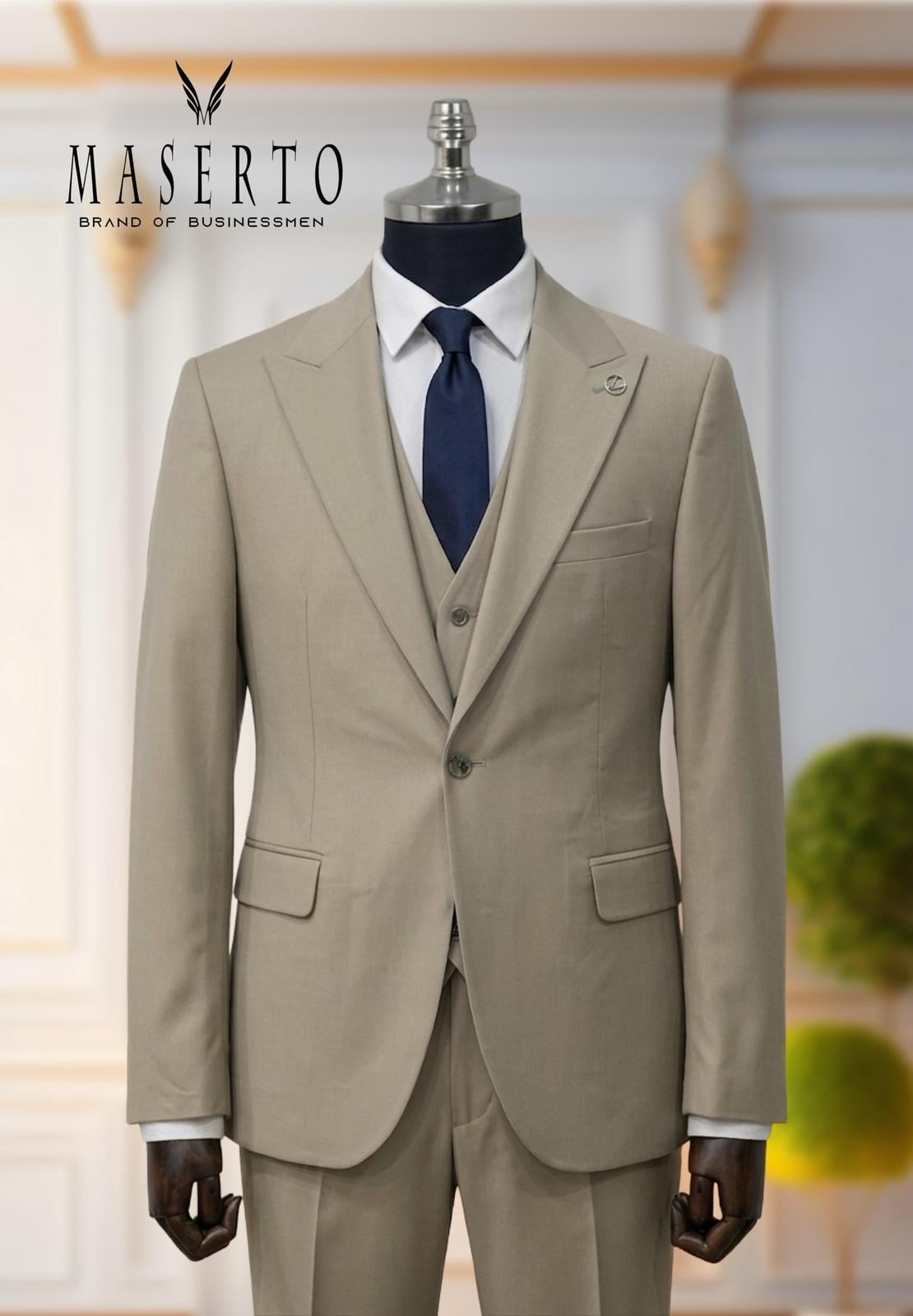 Erkek Tek Düğme Bej Slim Fit Yelekli Takım Elbise