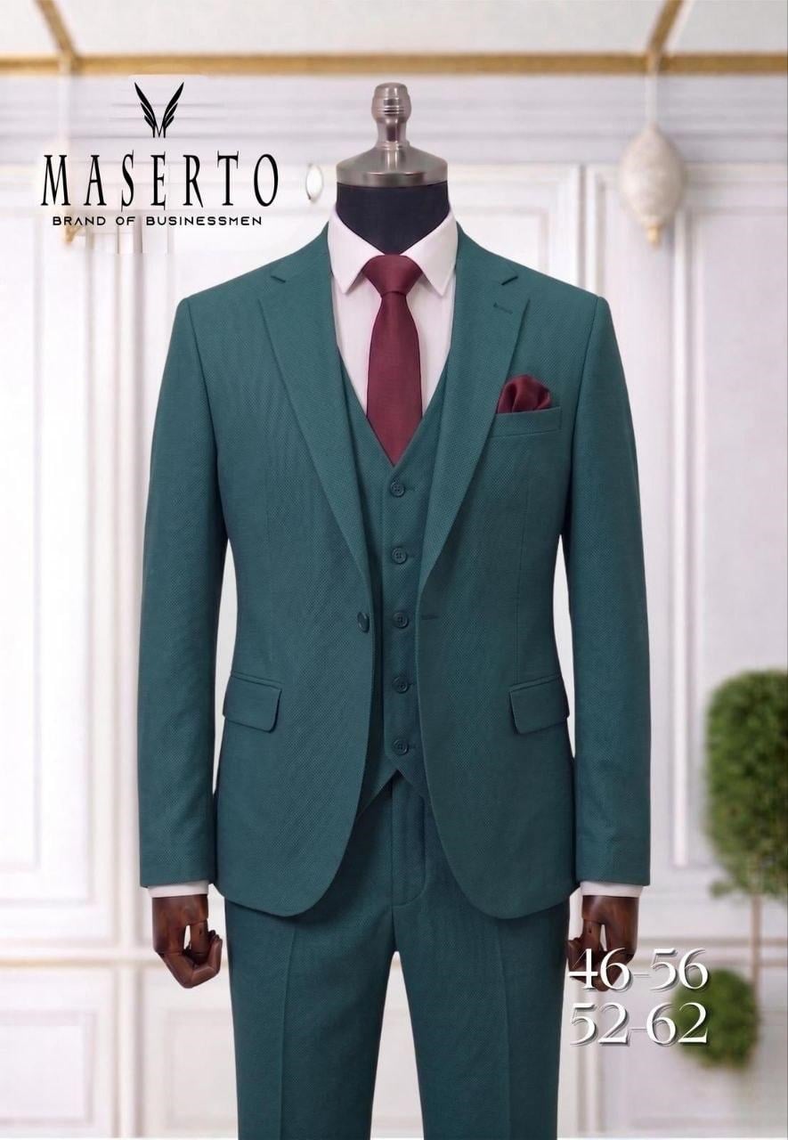 MASERTO Zümrüt Yeşili Slim Fit Yelekli Erkek Takım Elbise