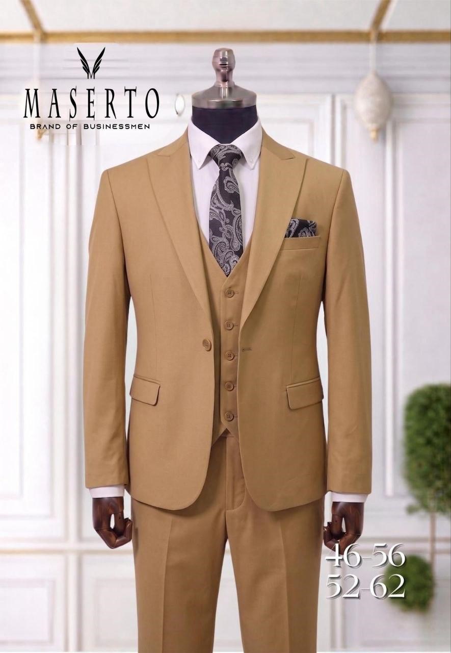 Maserto Camel Slim Fit Yelekli Erkek Takım Elbise