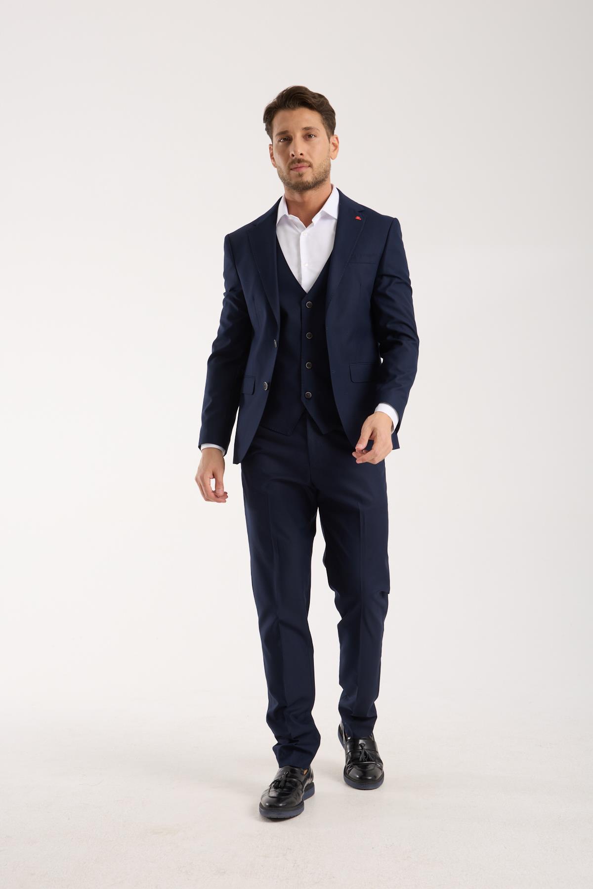 Erkek Lacivert Yelekli Klasik Slim Fit Takım Elbise