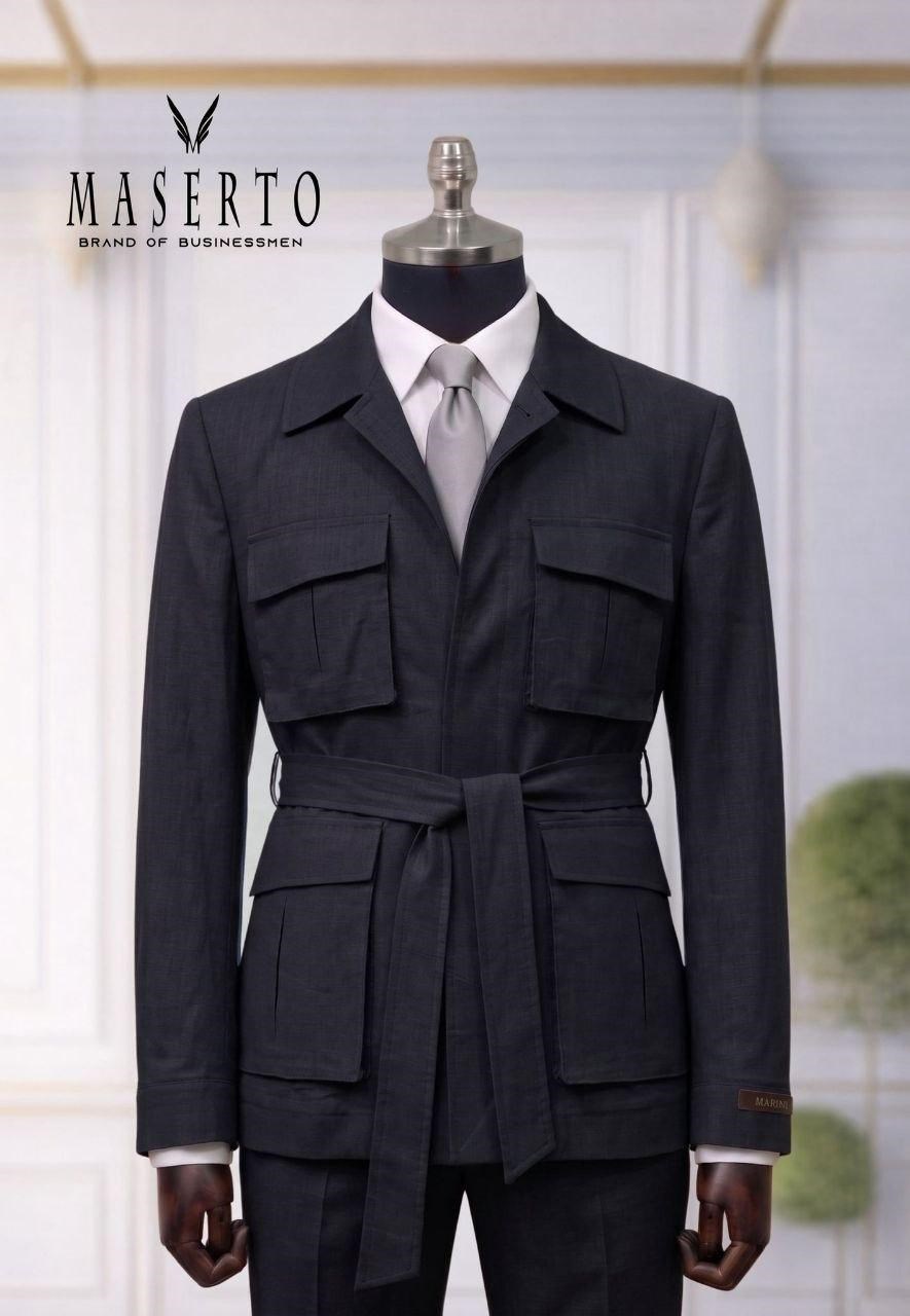 Maserto Lacivert Kemer Detaylı Safari Ceket Takım Elbise Slim Fit Erkek Takım