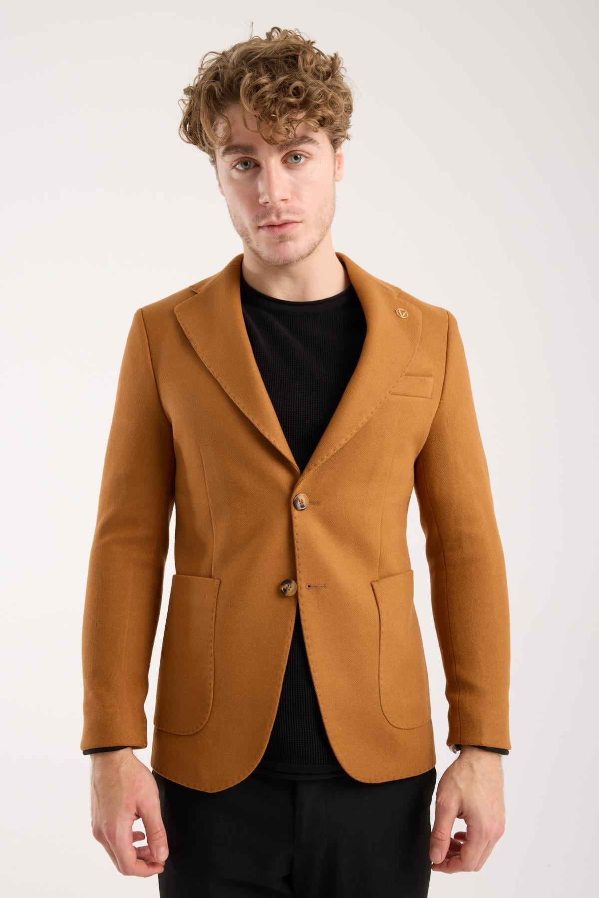 Erkek Taba Slim Fit Kaşe Blazer Ceket