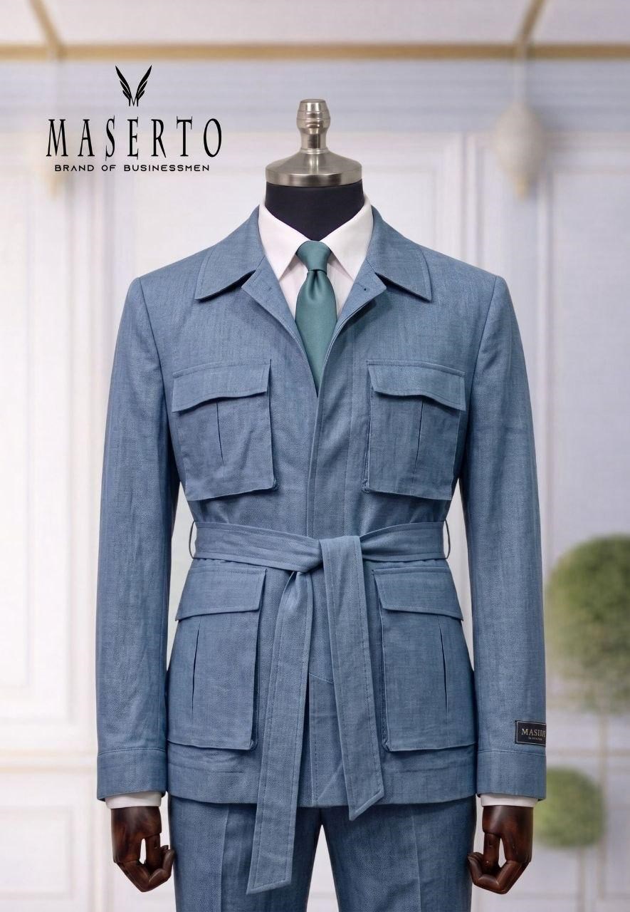 Maserto Açık Mavi Kemer Detaylı Safari Ceket Takım Elbise Slim Fit Erkek Takım