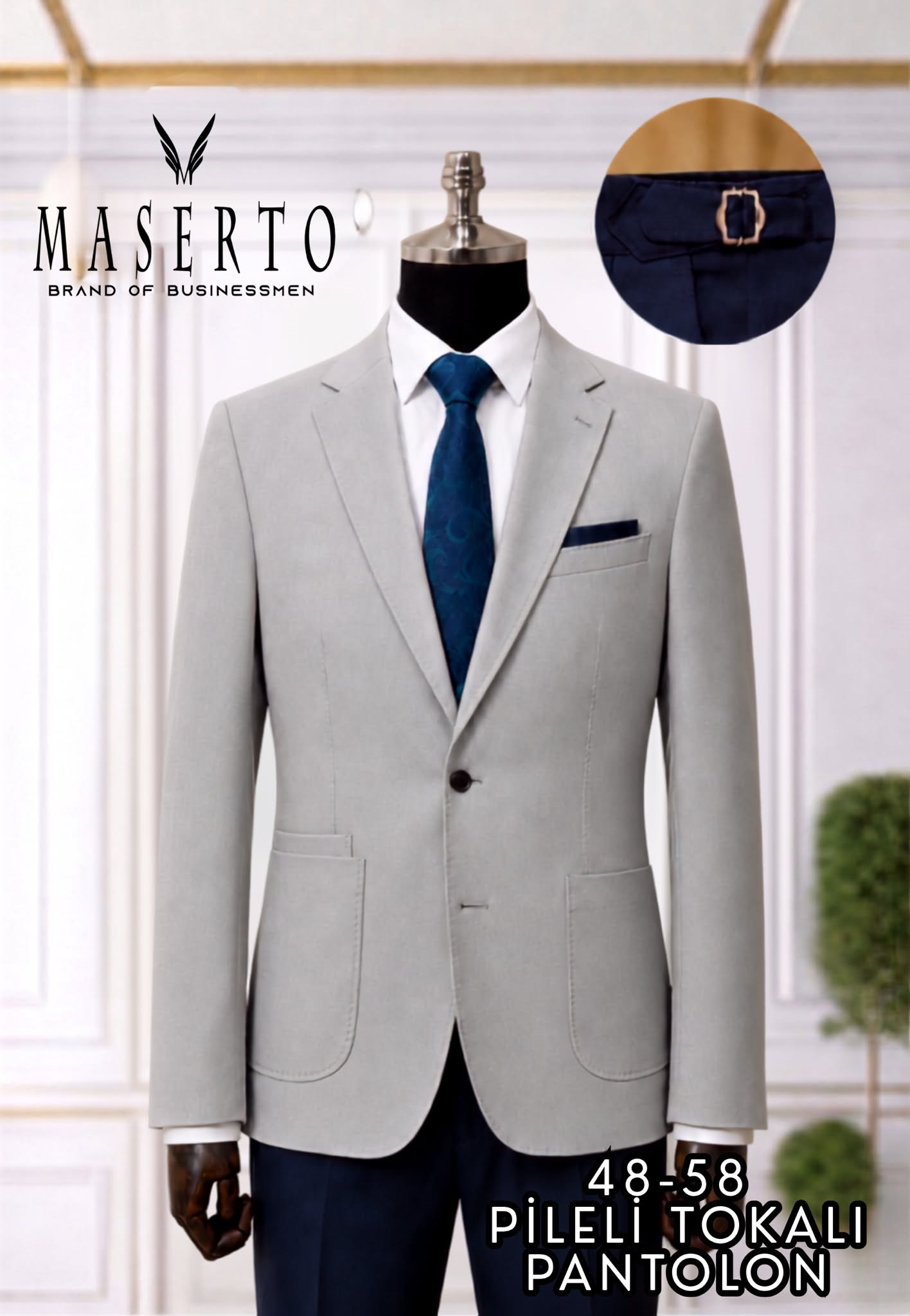 Maserto Erkek Açık Gri Slim Fit Blazer Ceket Lacivert Pileli Tokalı Pantolon Kombin