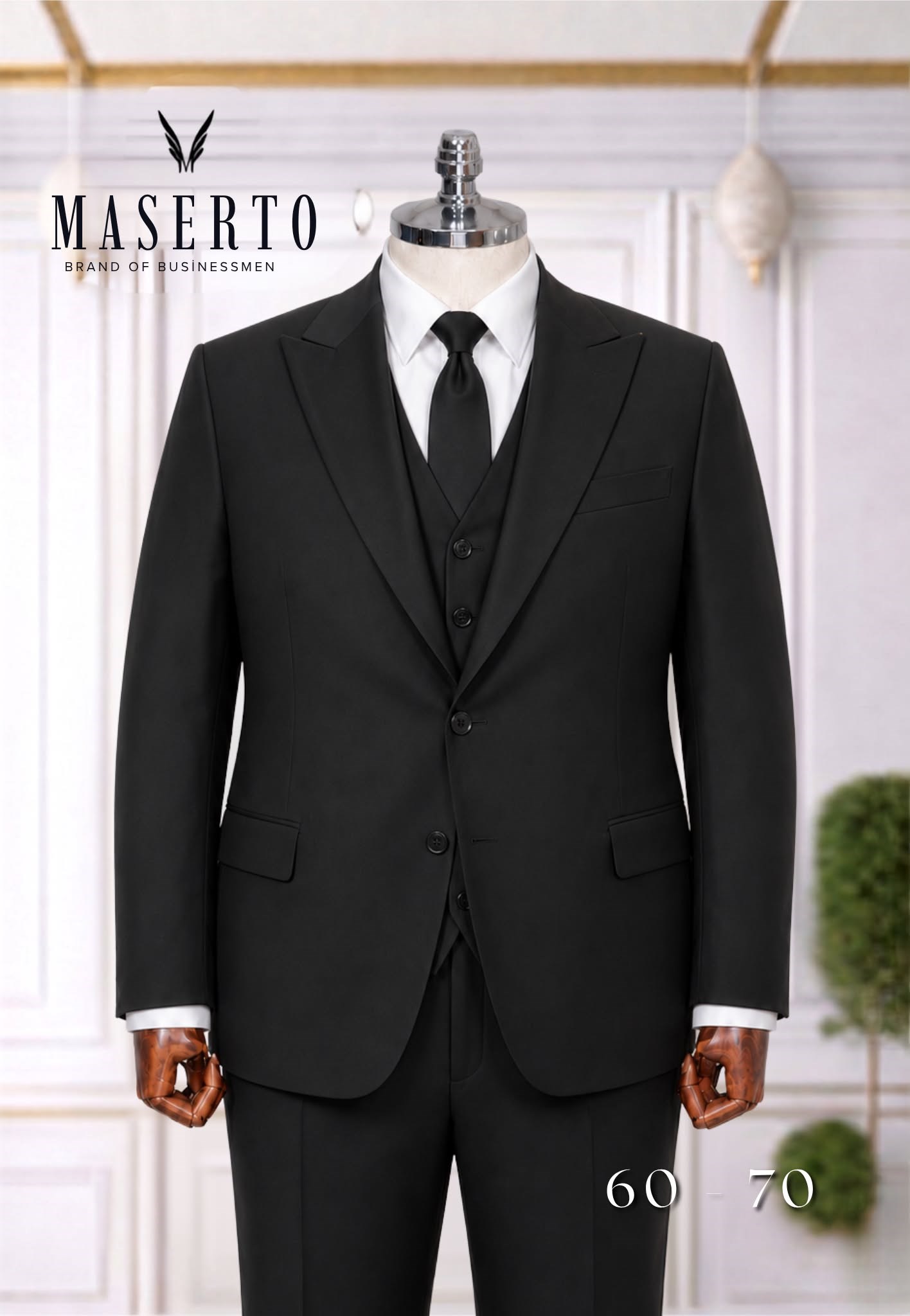 Maserto Battal Beden Siyah Modern Fit 3 Parça Yelekli Takım Elbise