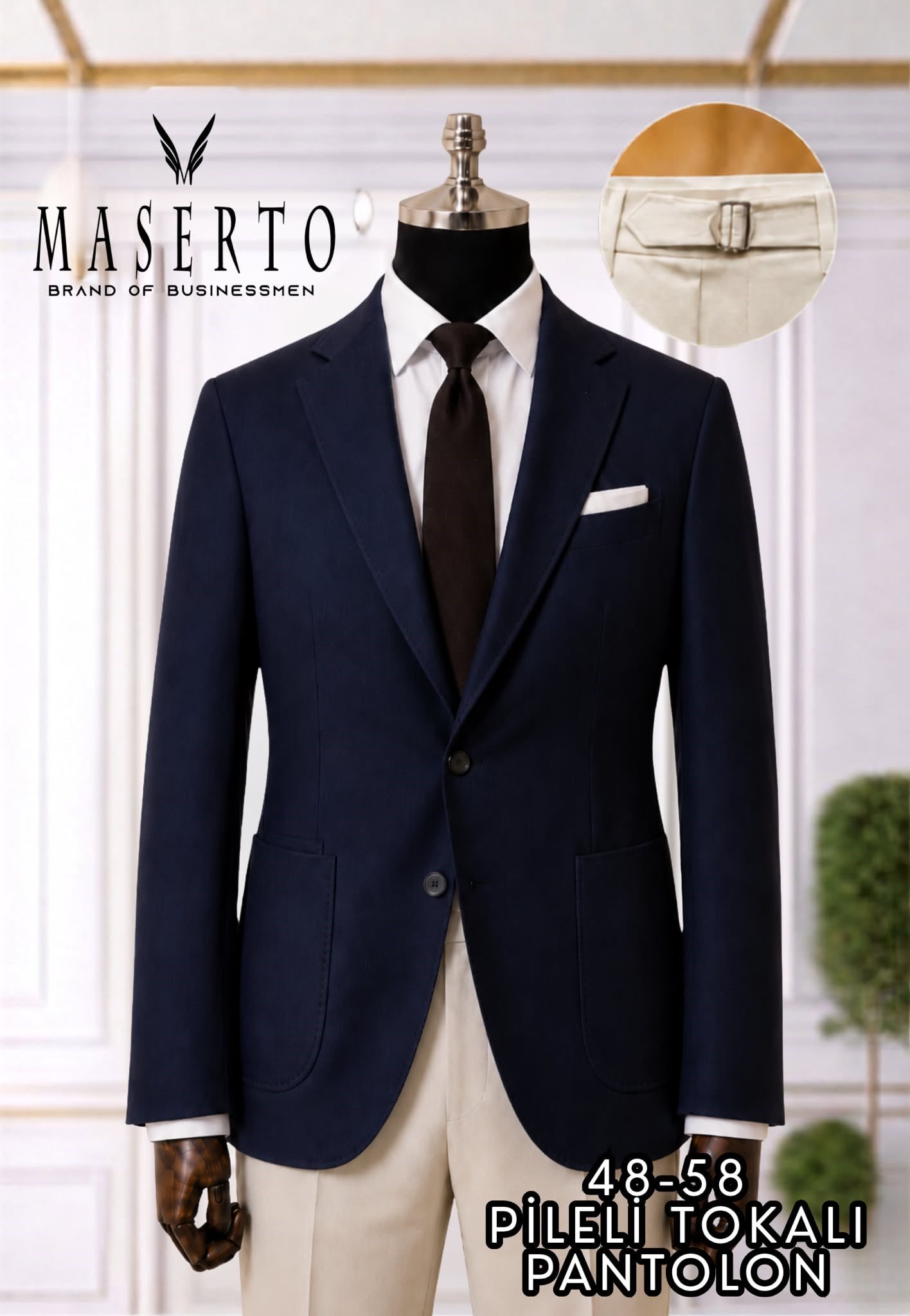Maserto Erkek Lacivert Slim Fit Blazer Ceket Krem Pileli Tokalı Pantolon Kombin