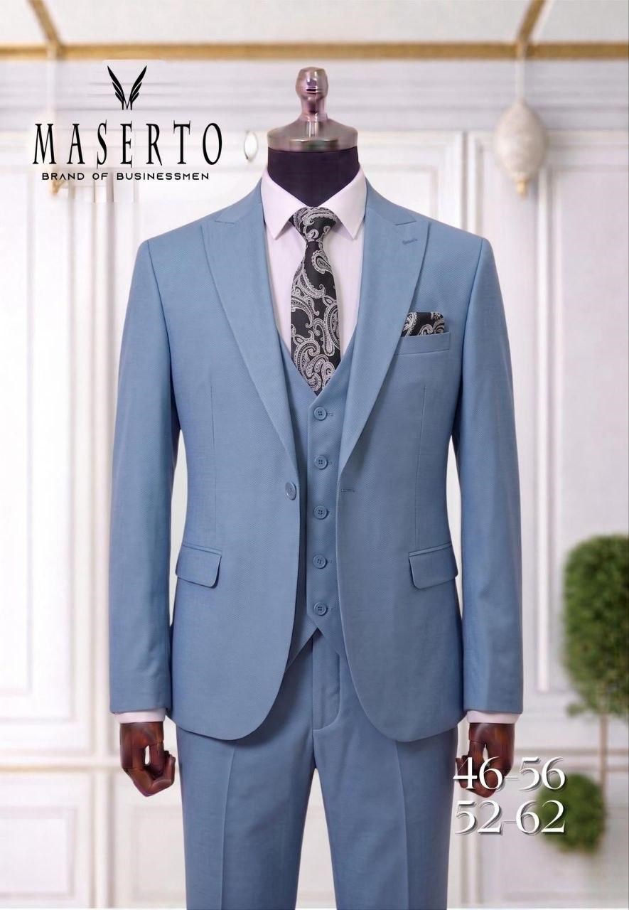 Maserto Açık Mavi Slim Fit Yelekli Erkek Takım Elbise