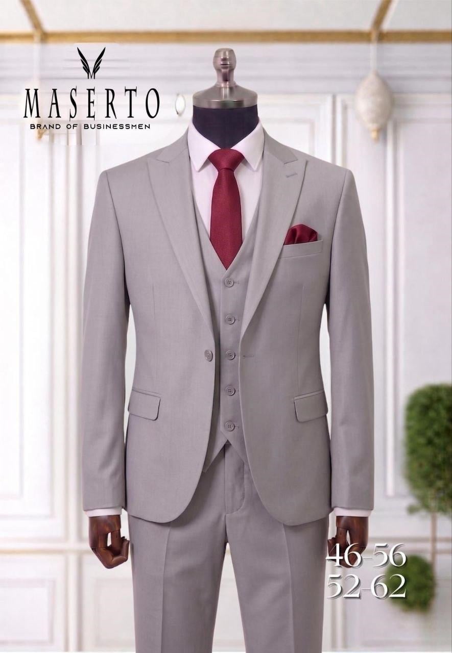 MASERTO Açık Gri Slim Fit Yelekli Erkek Takım Elbise
