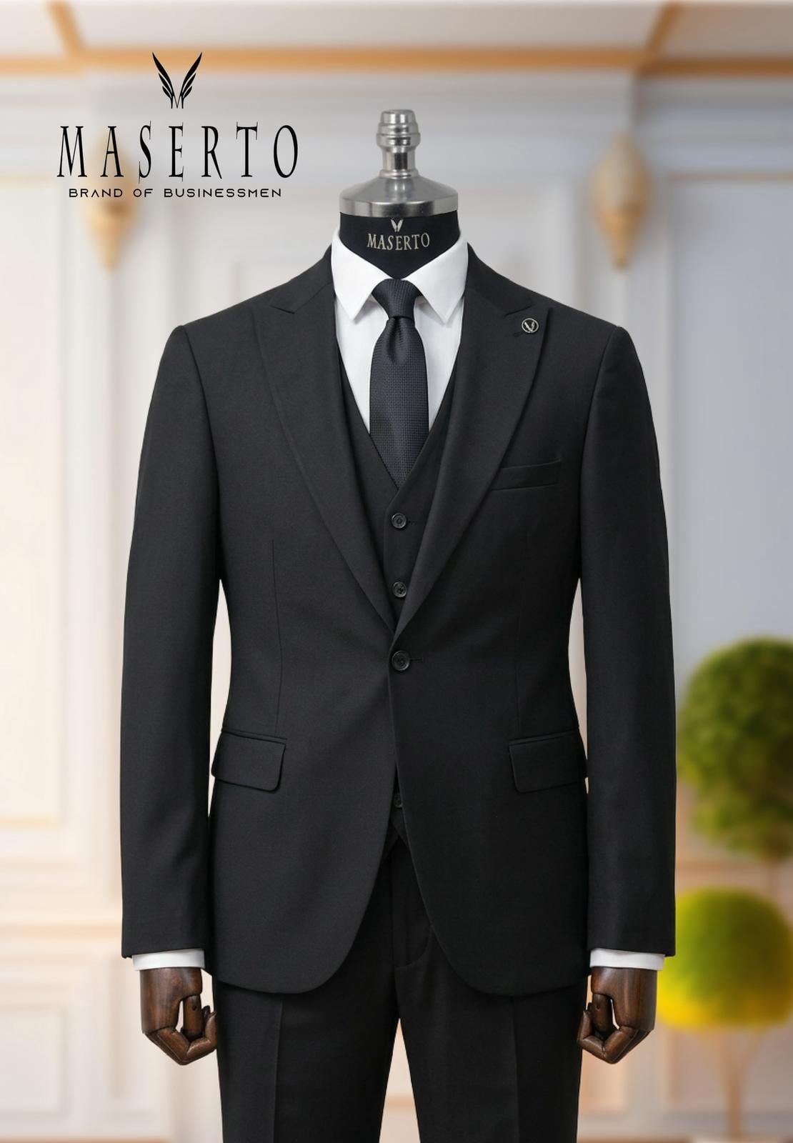 Erkek Tek Düğme Siyah Slim Fit Yelekli Takım Elbise