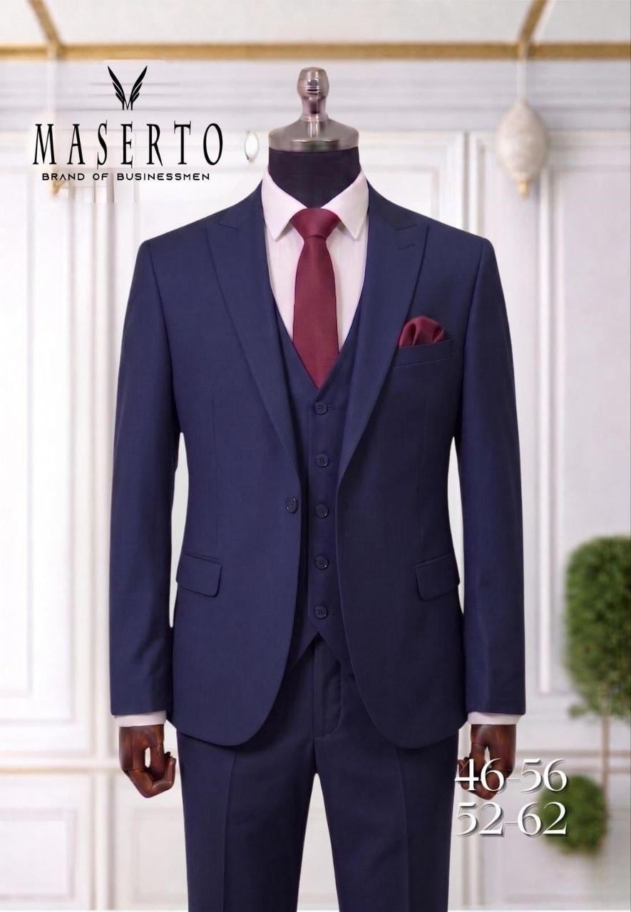 Maserto Lacivert Slim Fit Yelekli Erkek Takım Elbise
