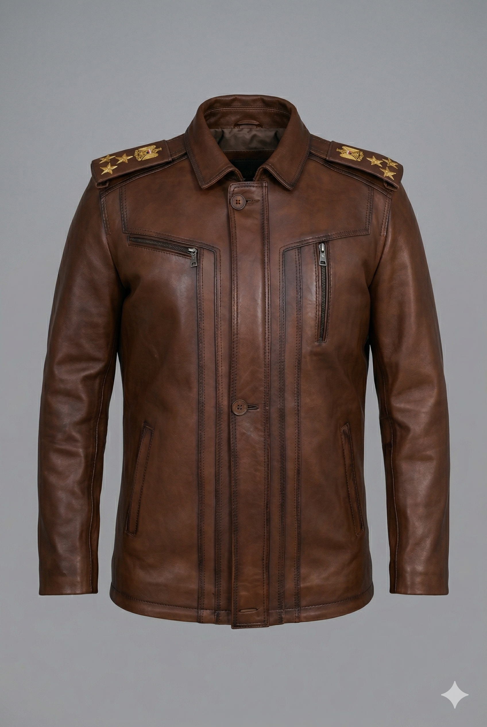 Erkek Kahverengi Apoletli ve Yıldız Nakışlı Deri Mont
