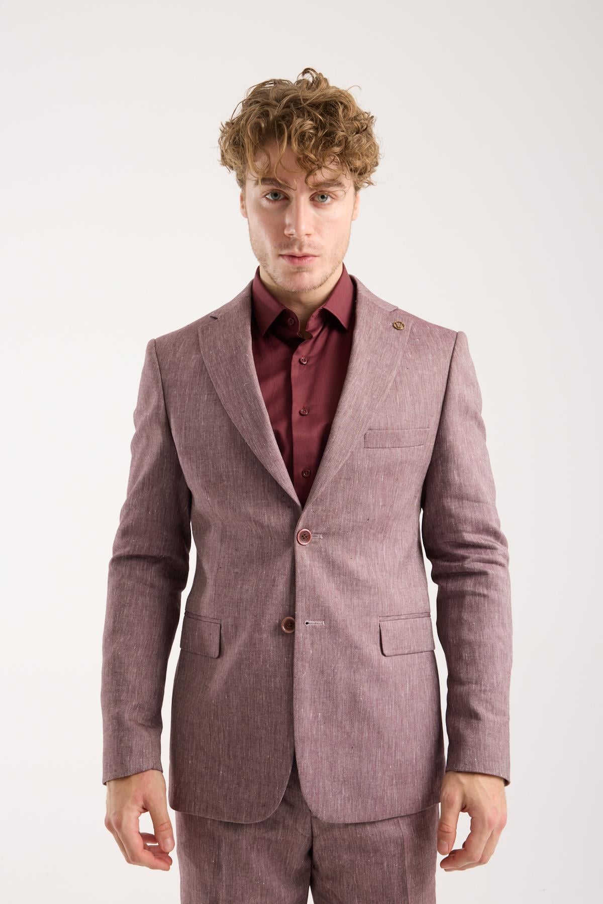 Erkek Gül Kurusu Slim Fit Keten Dokulu Klasik Blazer Ceket