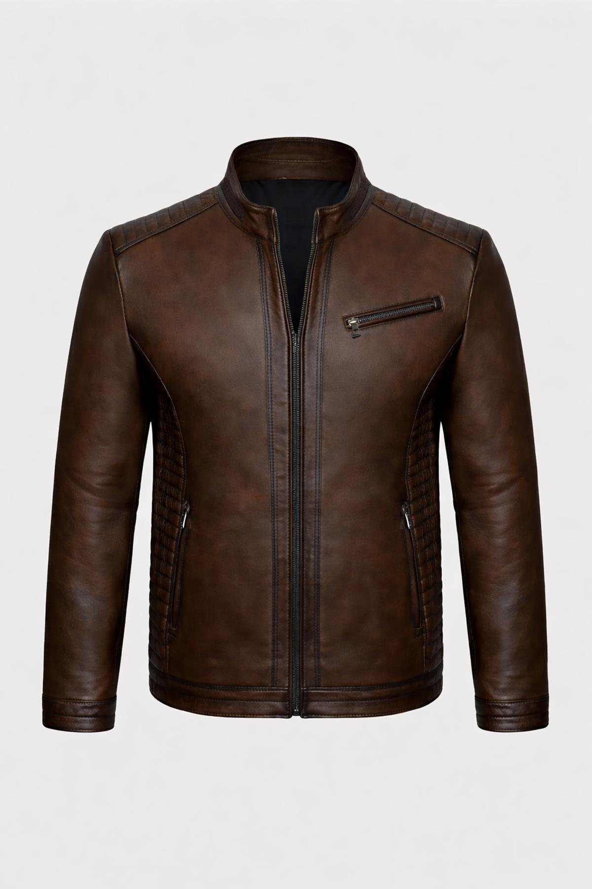 Kahverengi Yan Cep Fermuarlı Deri Ceket