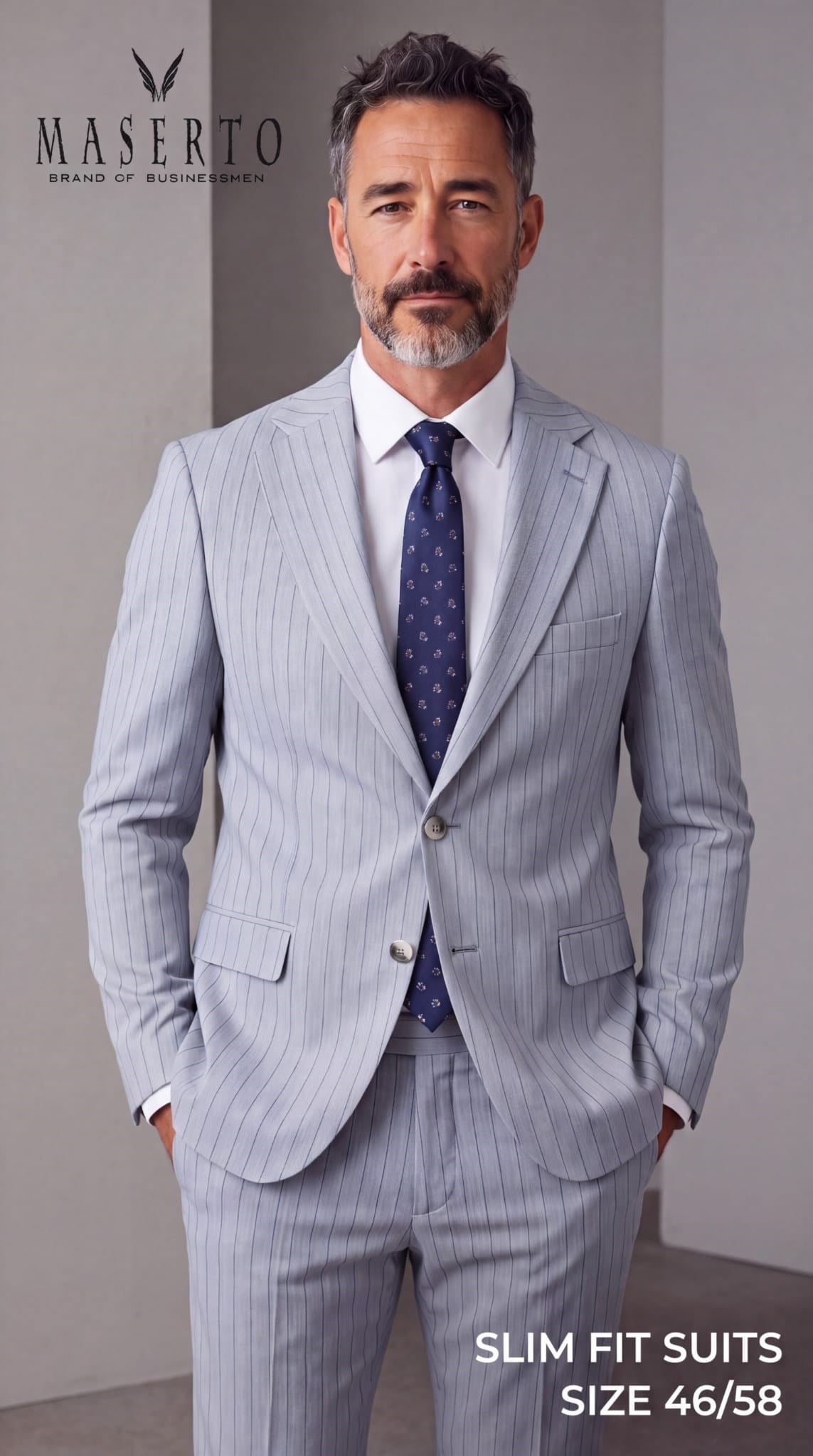Maserto Erkek Açık Gri Çizgili Slim Fit Ceket Pantolon Takım