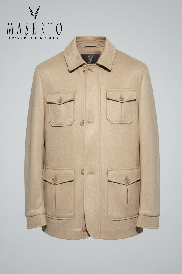 Erkek Taupe Kahverengi Kabartmalı Desenli, Gömlek Yakalı ve Kapaklı Cepli Çeket