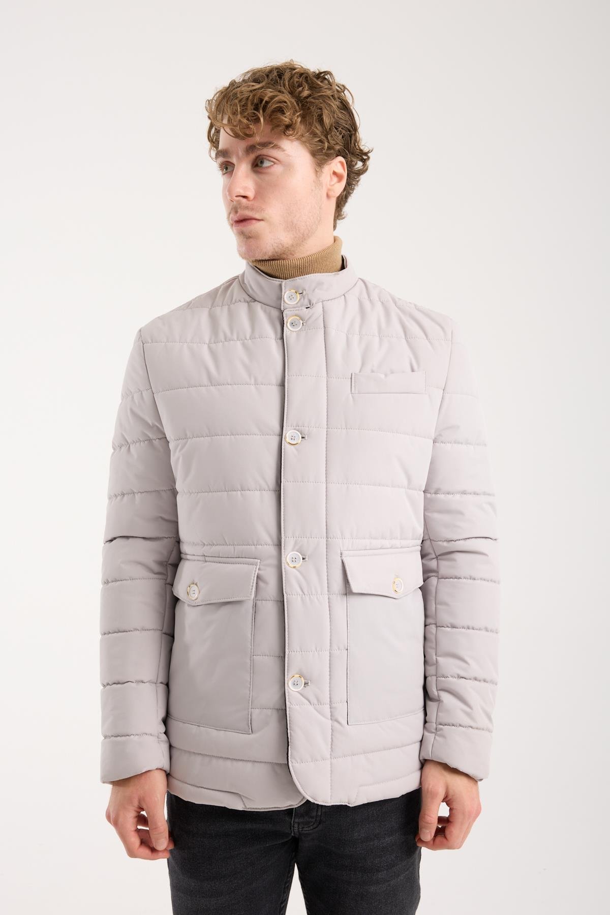 Maserto Erkek Bej Hakim Yaka Düğmeli Kapitone Mont