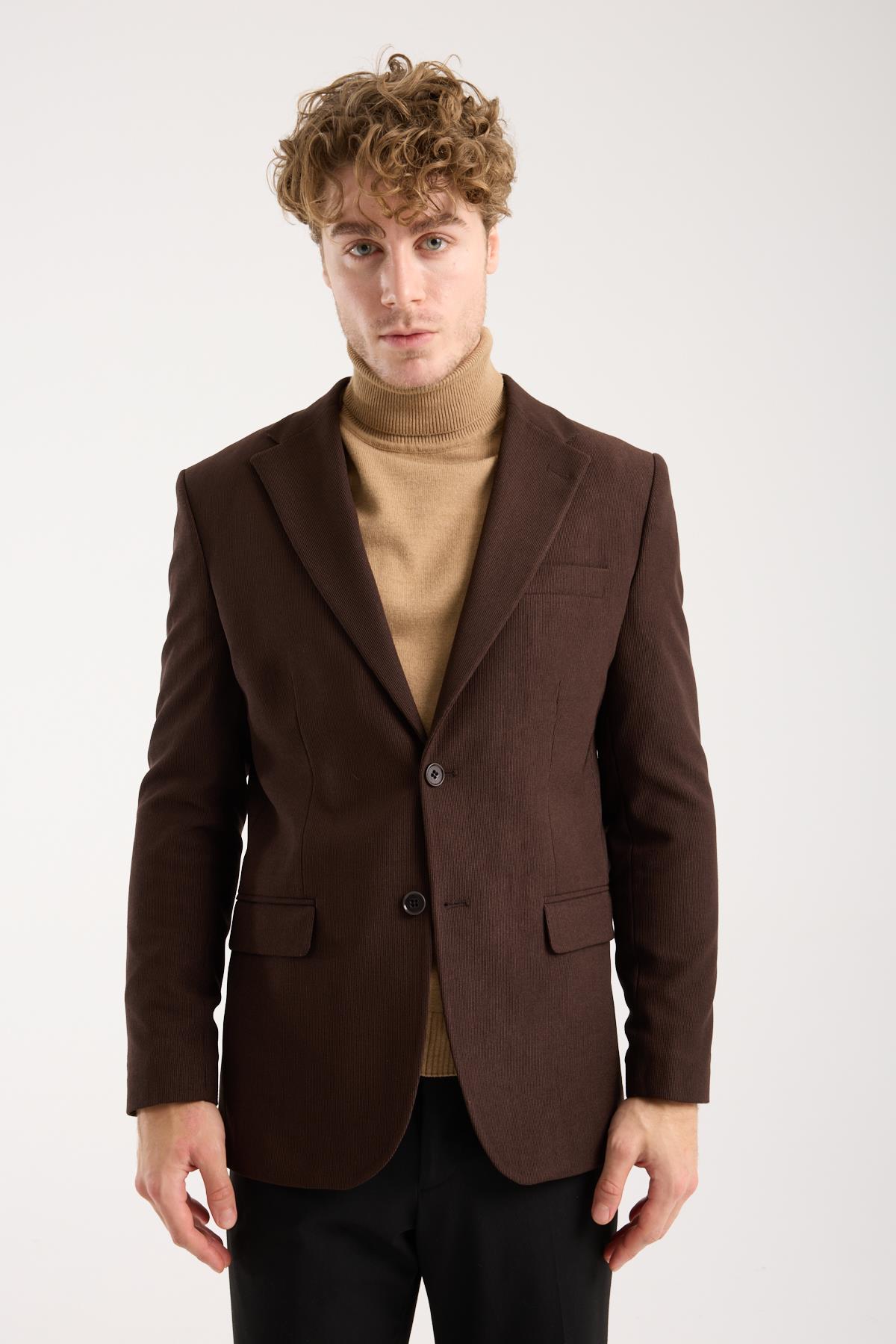 Erkek Kahverengi Slim Fit Kadife Blazer Ceket