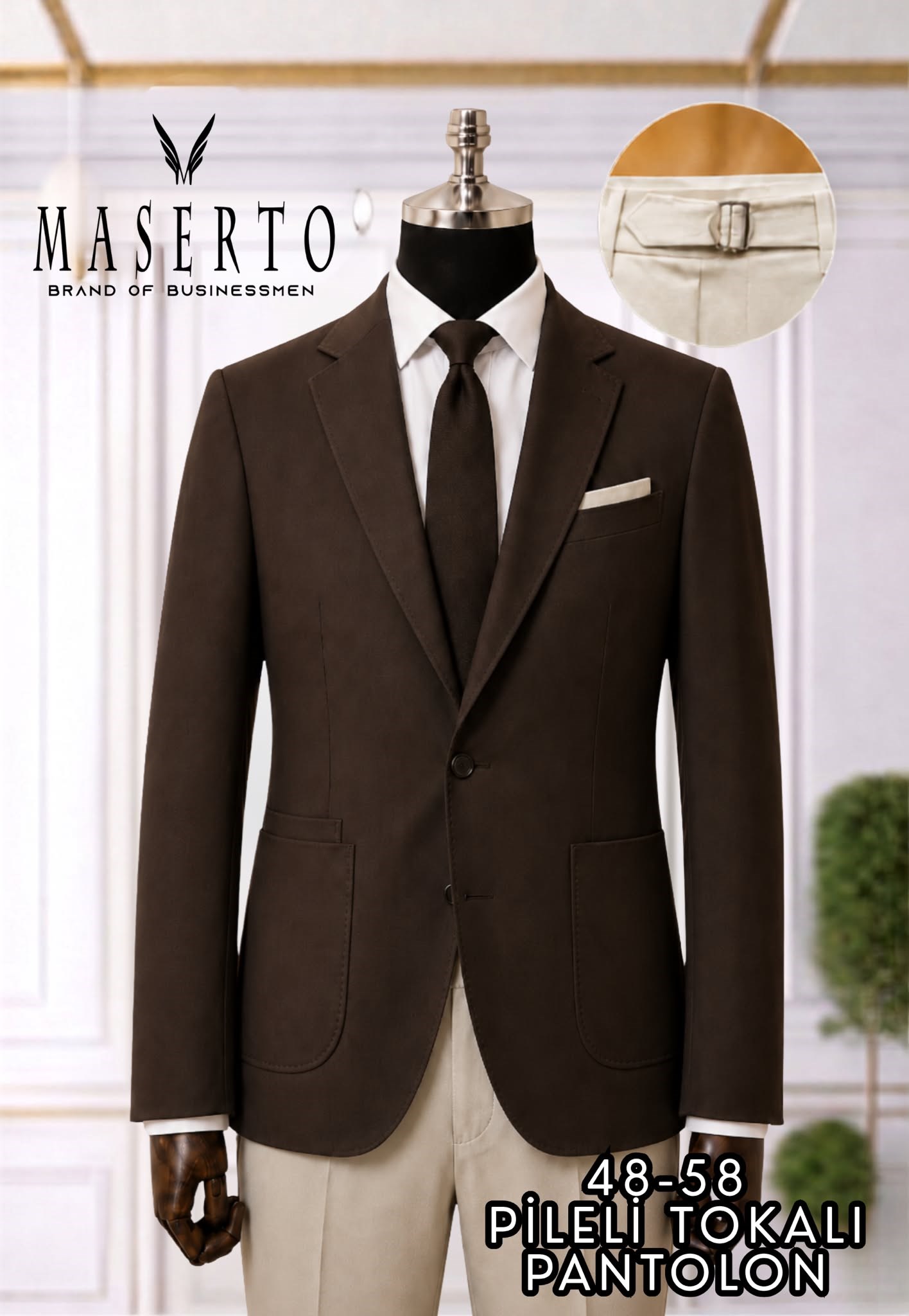 Maserto Erkek Kahverengi Slim Fit Klasik Blazer Ceket Krem Pileli Tokalı Pantolon Kombin