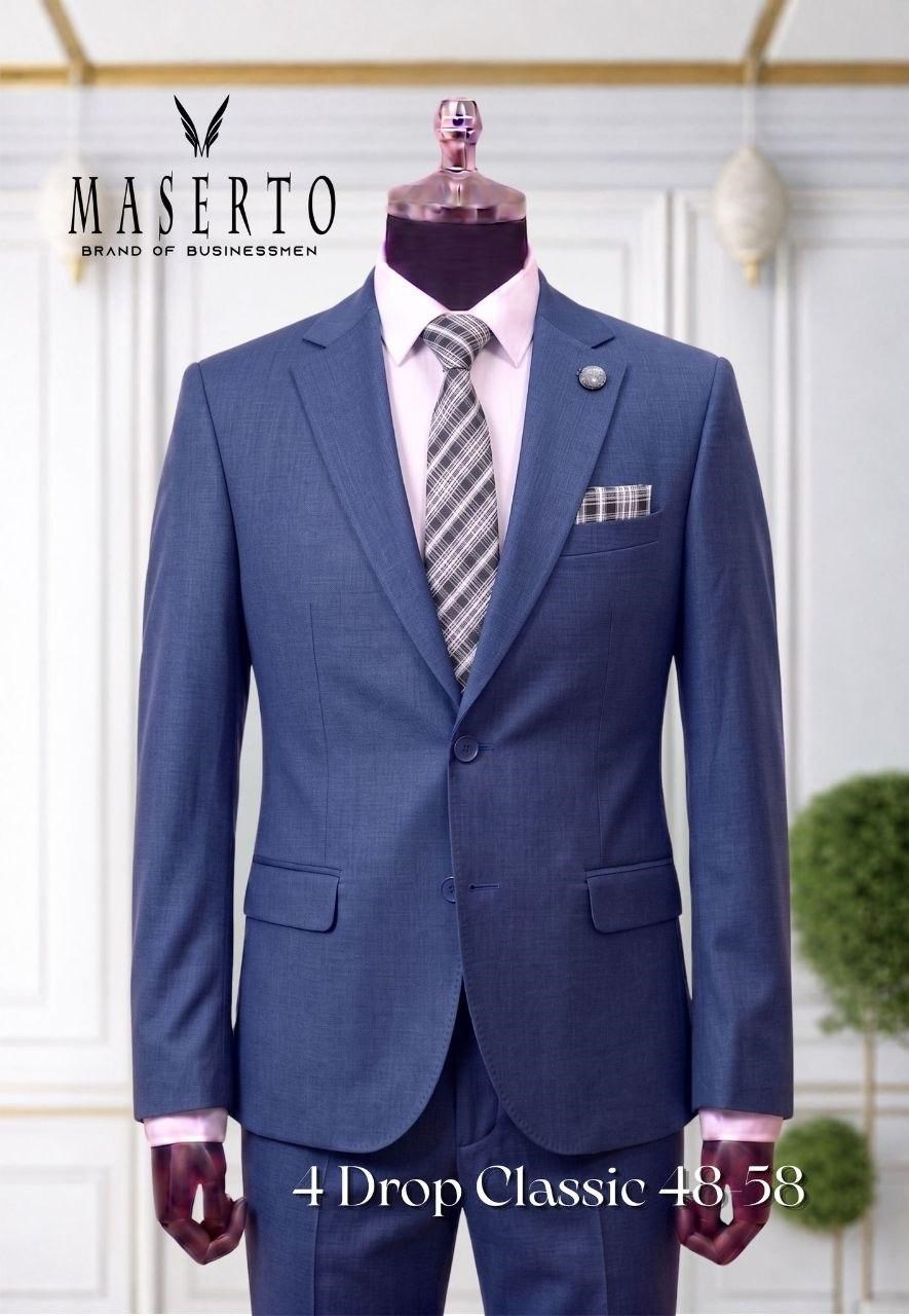 Maserto Mavi Erkek Klasik Takım Elbise 4 Drop Slim Fit