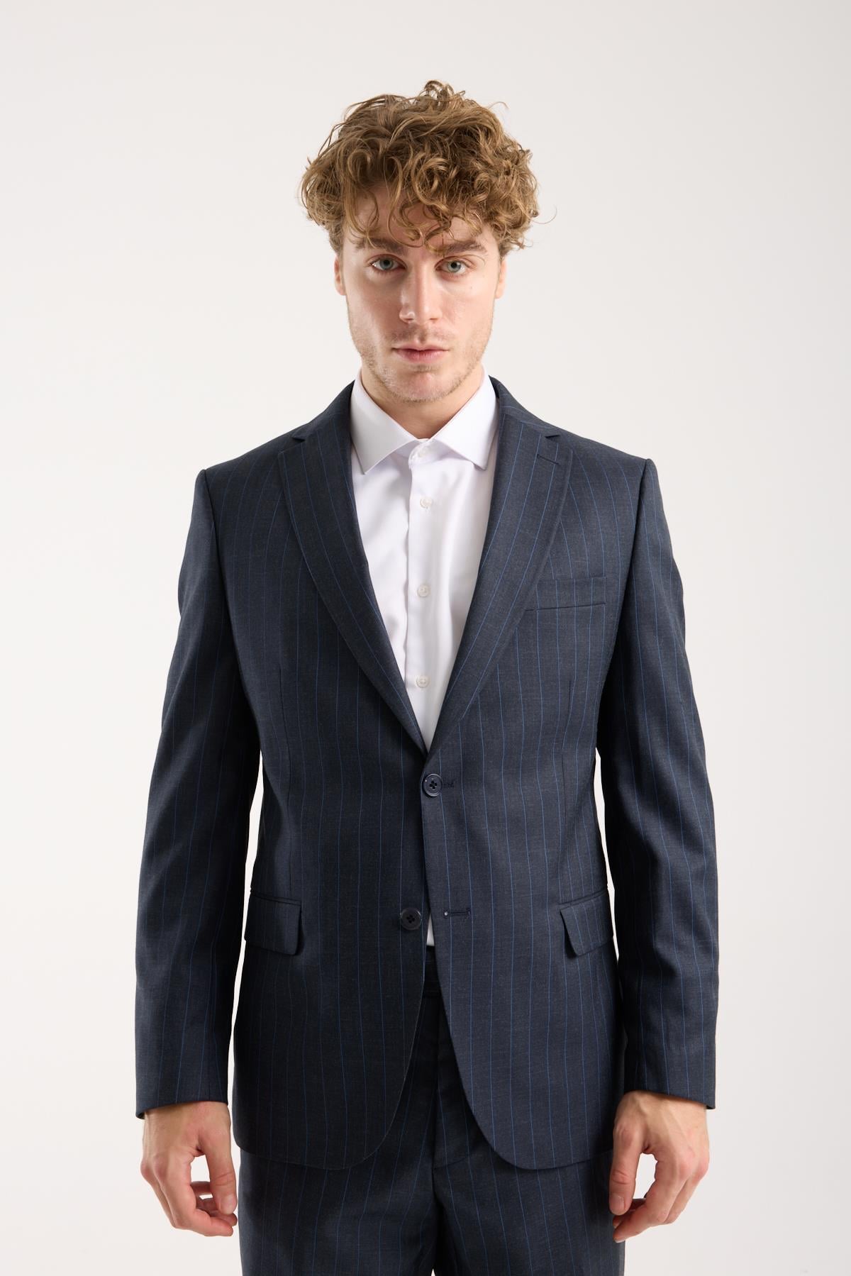 Erkek Lacivert Çizgili Slim Fit Blazer Ceket