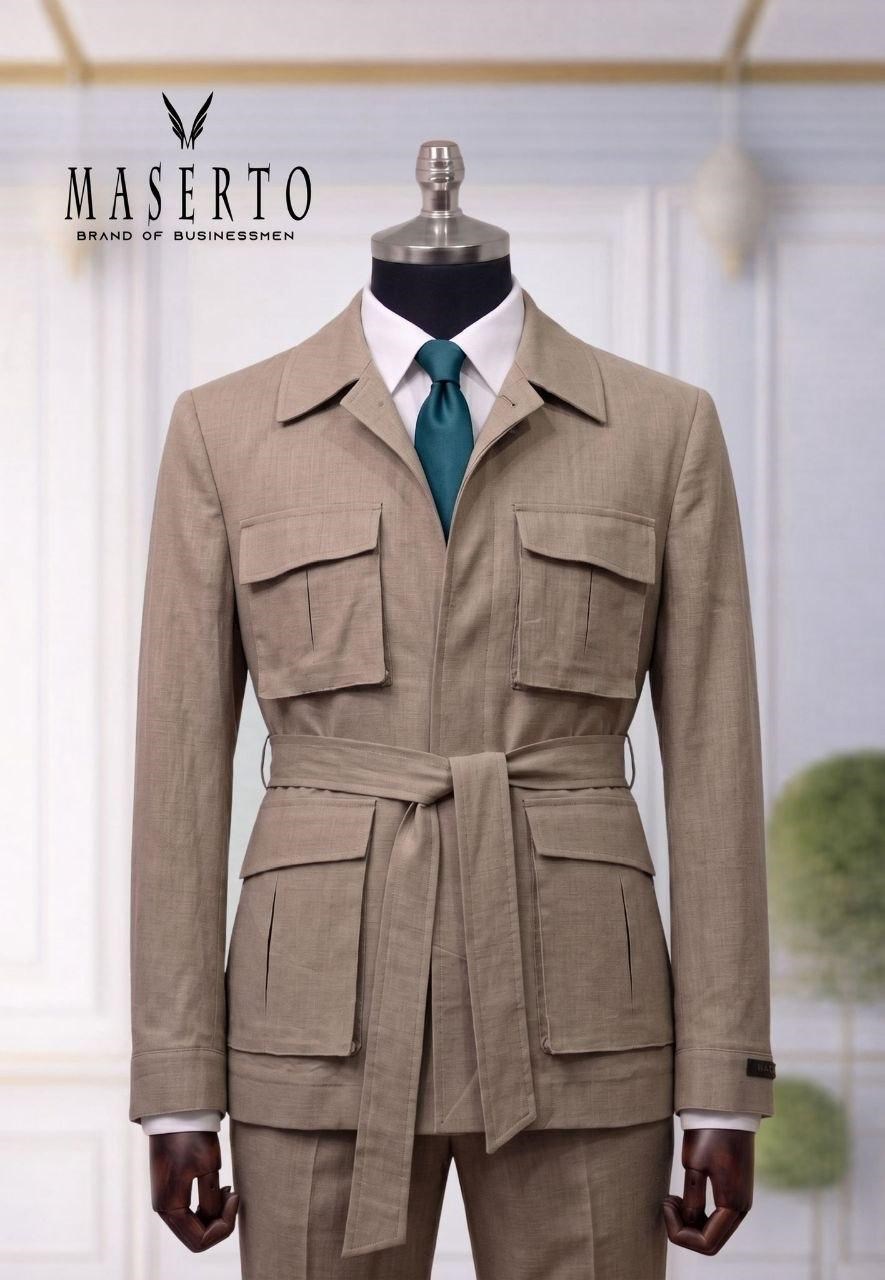 Maserto Bej Kemer Detaylı Safari Ceket Takım Elbise Slim Fit Erkek Takım