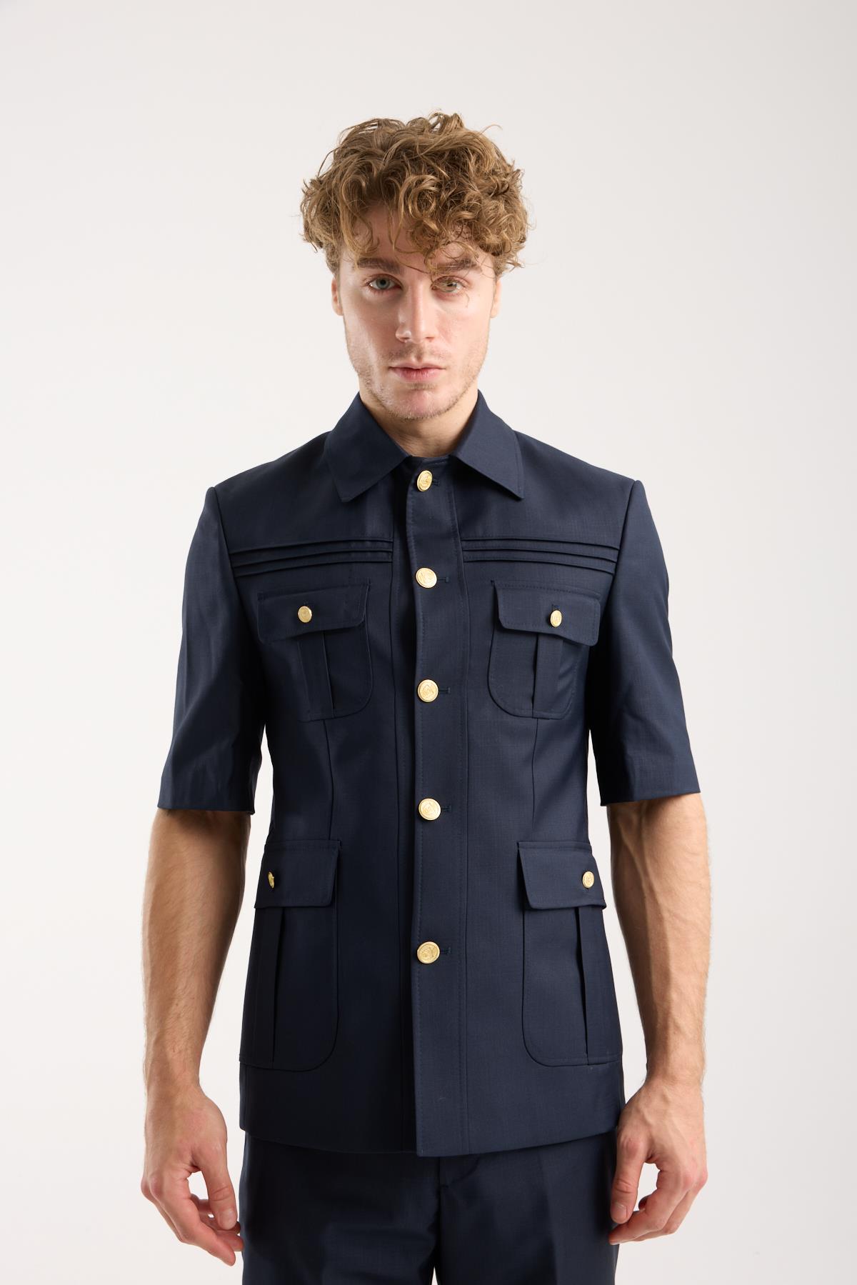 Maserto Siyah Gold Düğmeli Kısa Kollu Safari Takım Elbise