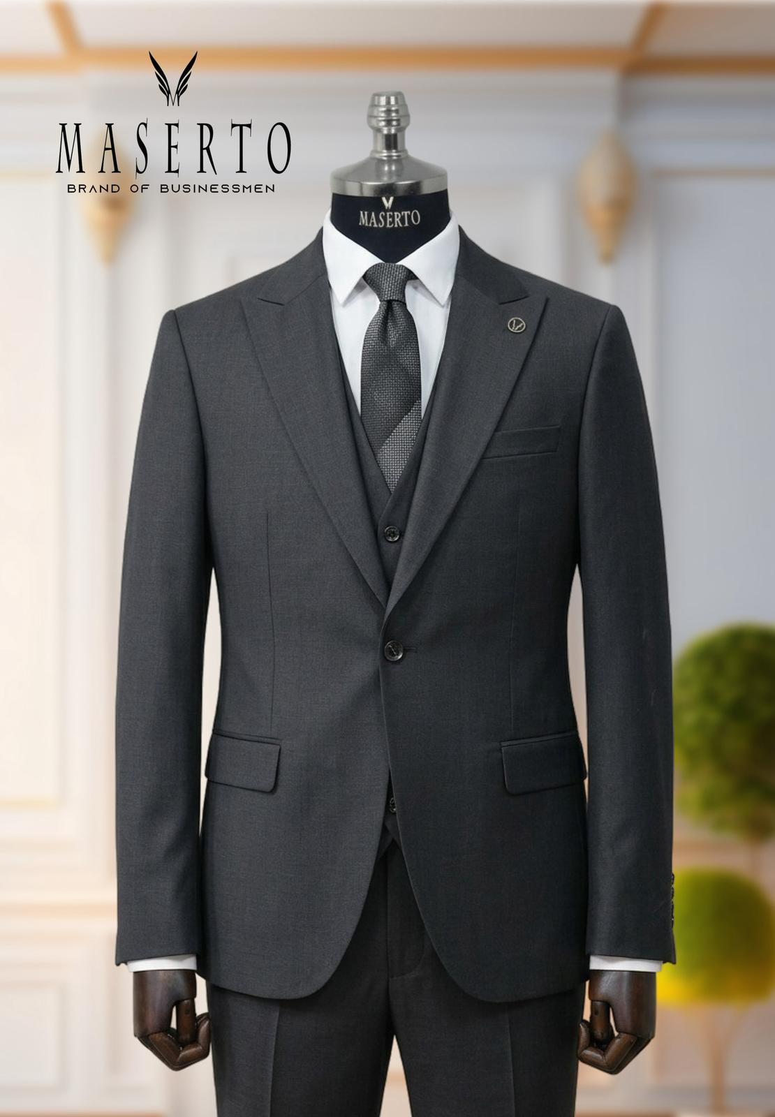 Erkek Tek Düğme Koyu Antrasit Slim Fit Yelekli Takım Elbise