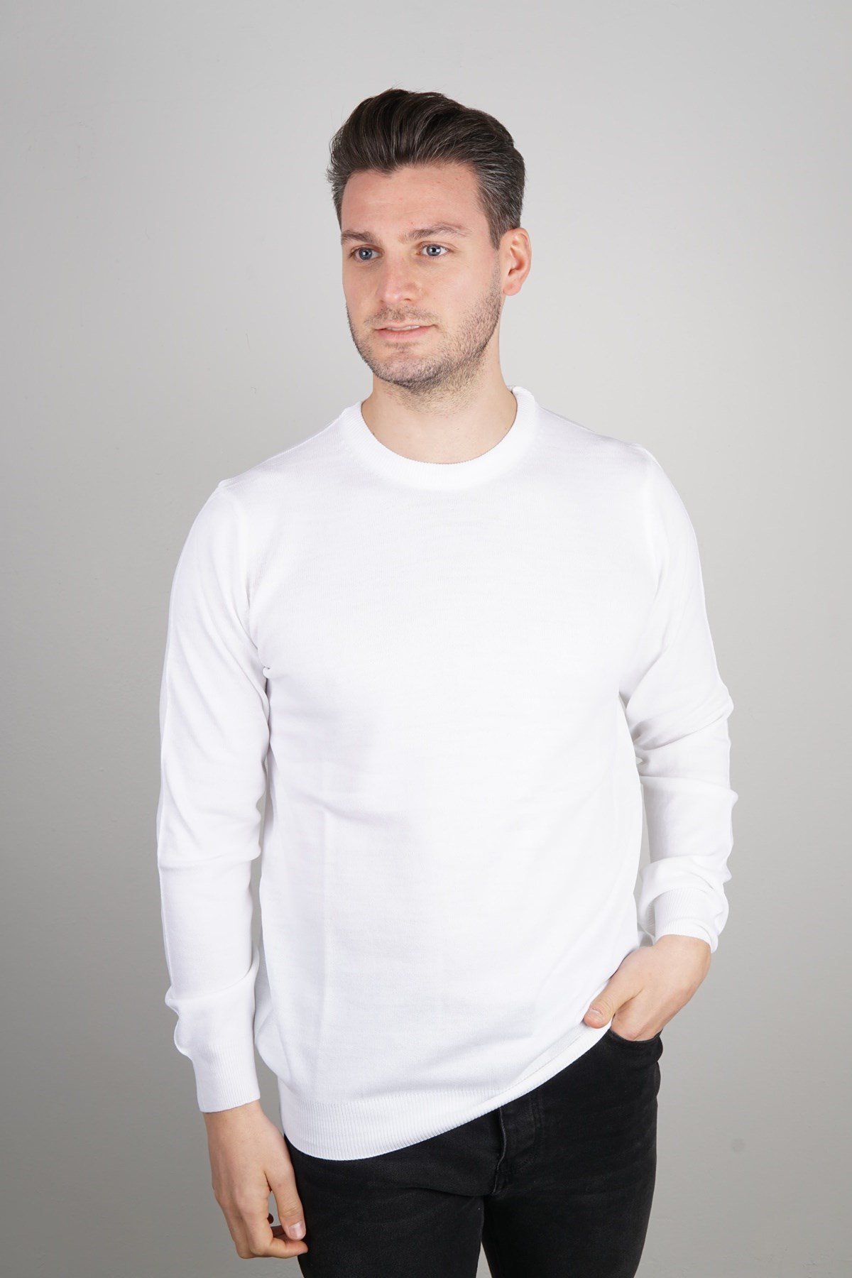 Maserto Beyaz Bisiklet Yaka Tüylenmeyen Triko Kazak