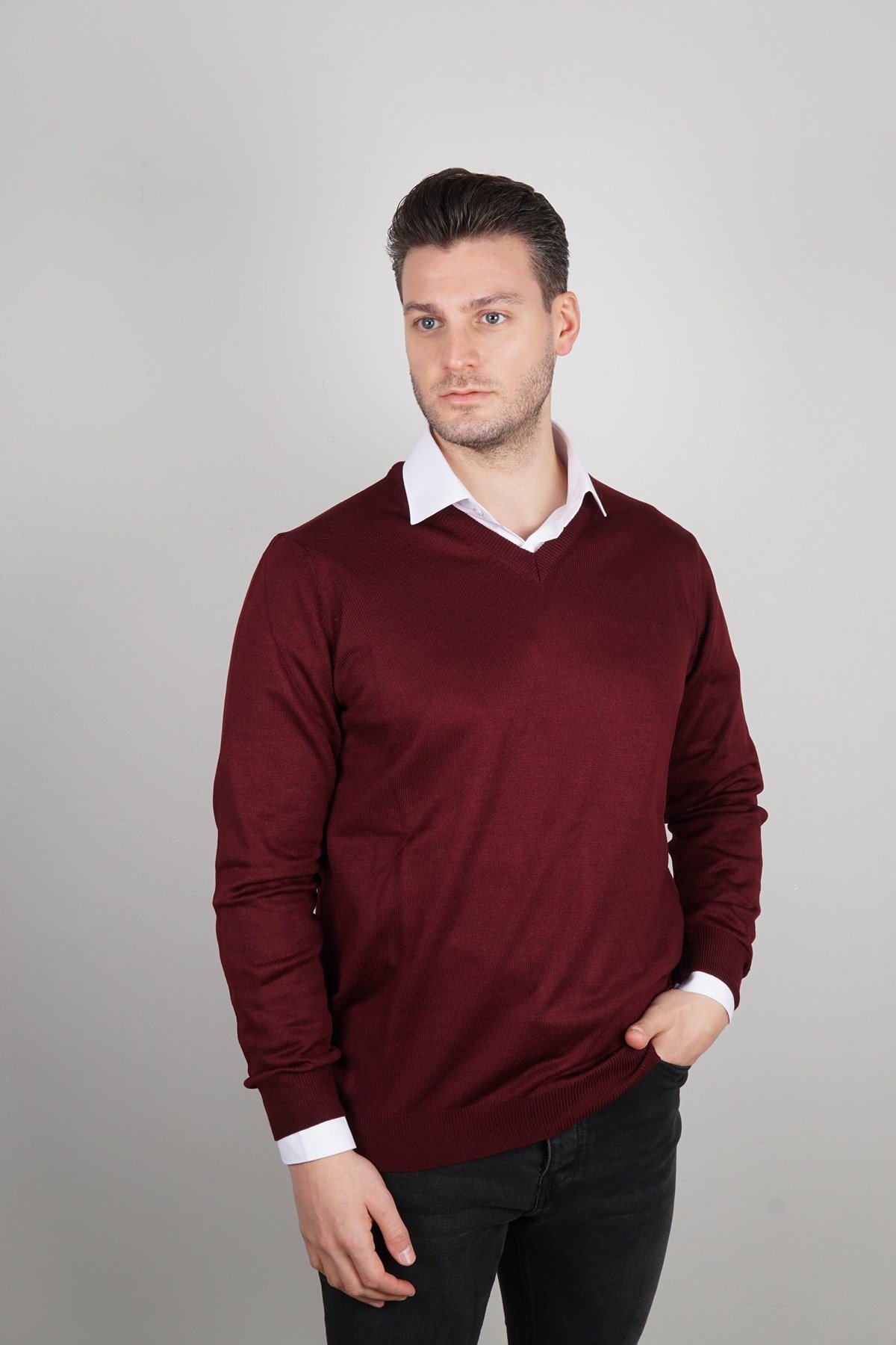 Maserto Bordo V Yaka Tüylenmeyen Triko Kazak
