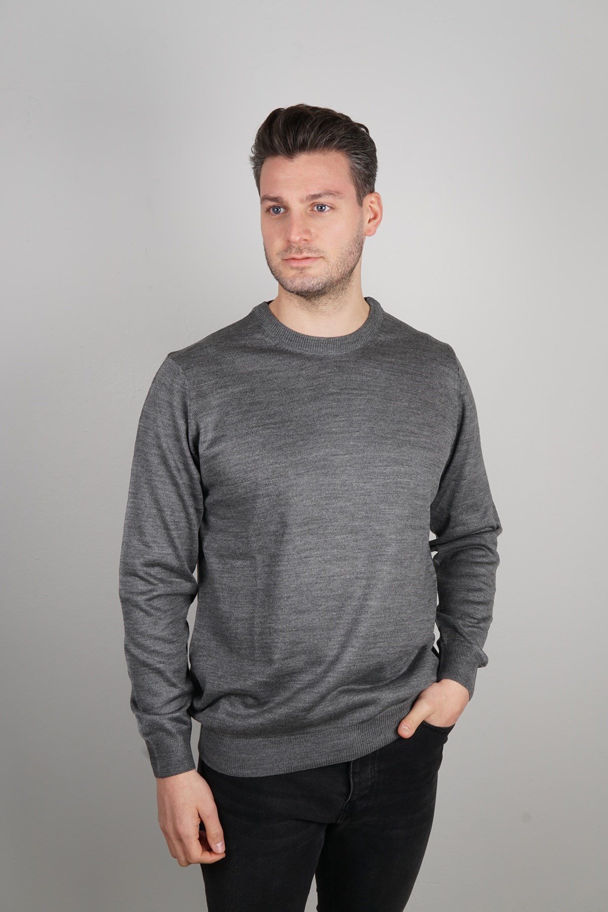 Maserto Gri Bisiklet Yaka Tüylenmeyen Triko Kazak