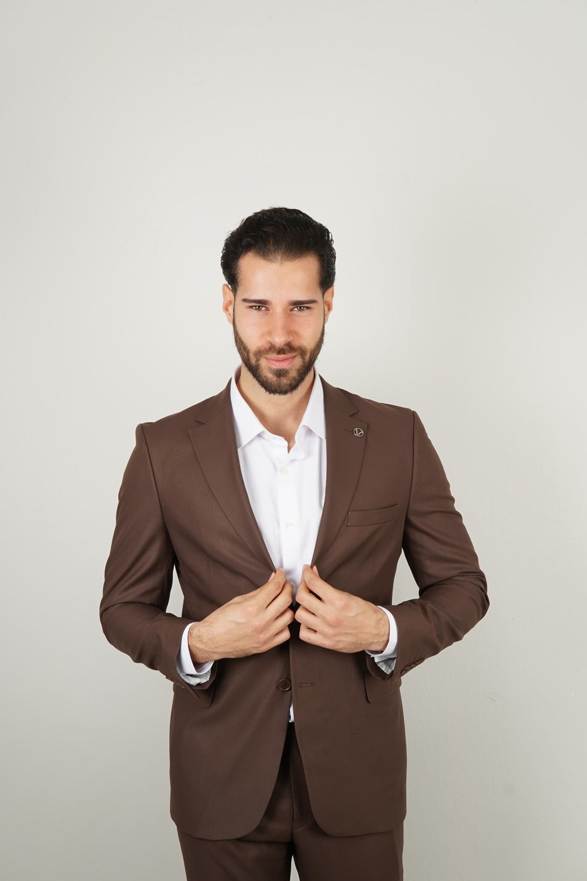 Maserto Kahverengi Takım Elbise Düz Desenli