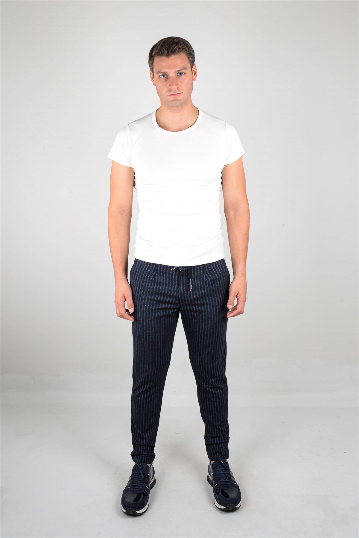 Maserto Lacivert Pantolon Çizgili Desenli