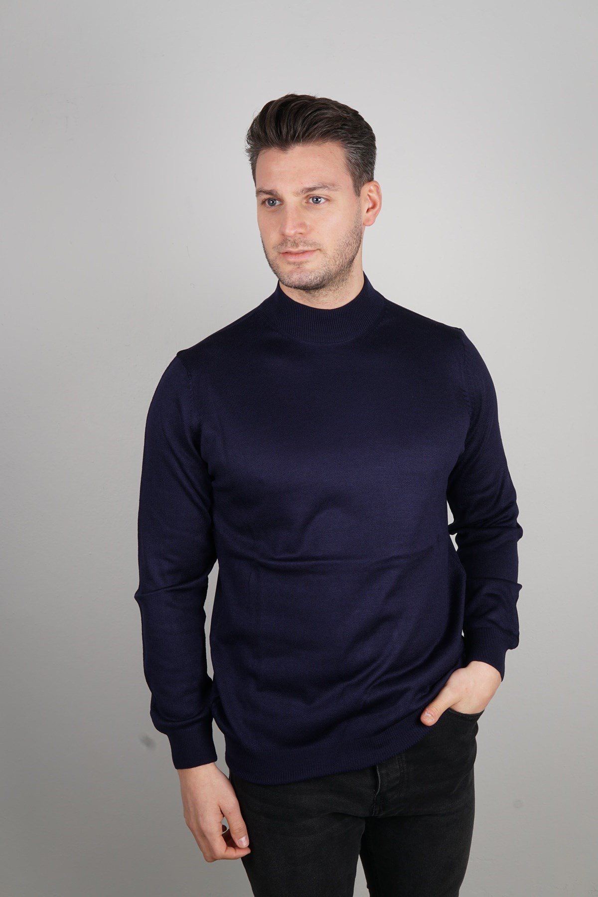 Maserto Lacivert Yarım Balıkçı Yaka Tüylenmeyen Triko Kazak