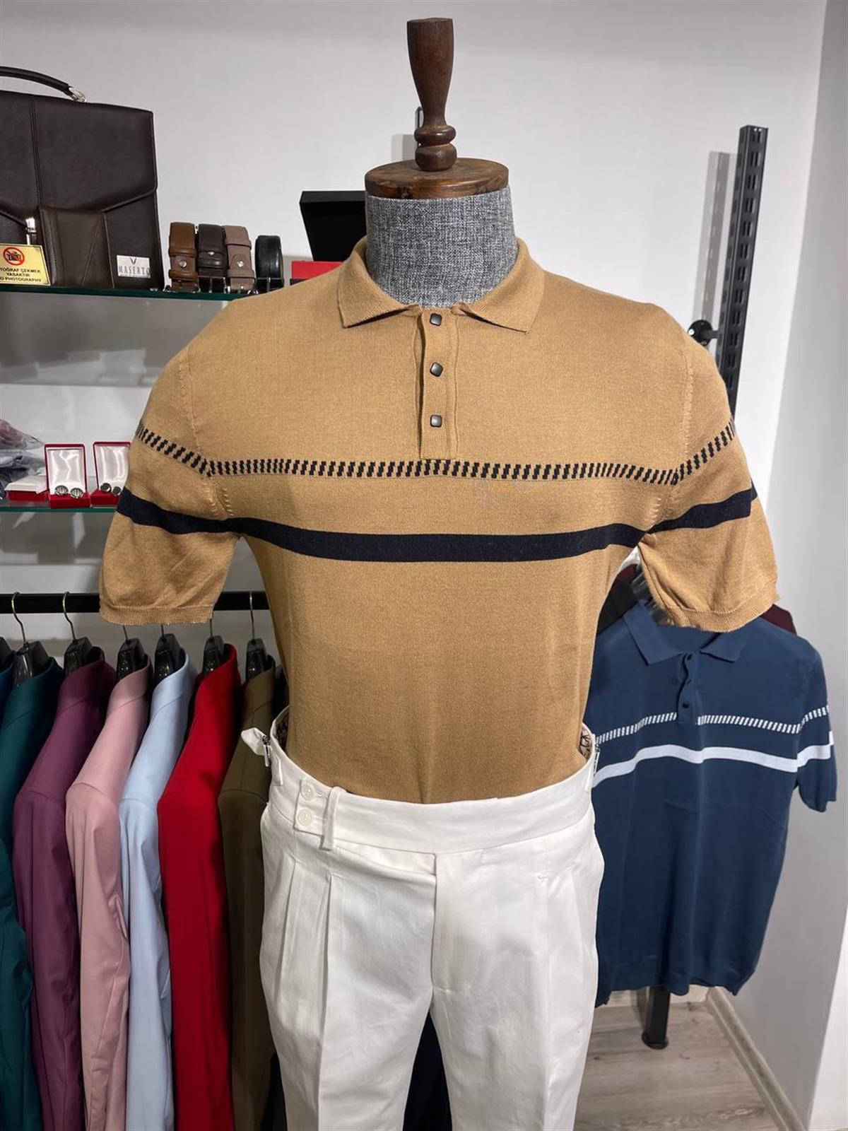 Maserto Slim Fit Açık Kahve Polo Yaka T-Shirt Çizgi Desenli