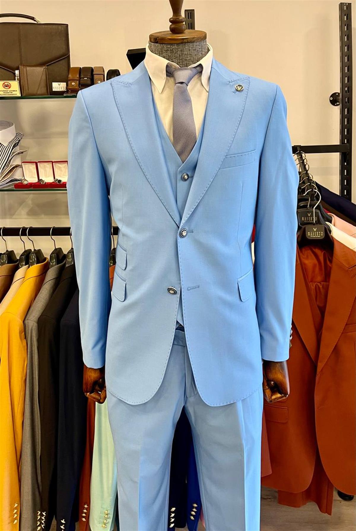 Maserto Slim Fit Açık Mavi Takım Elbise Düz Desenli